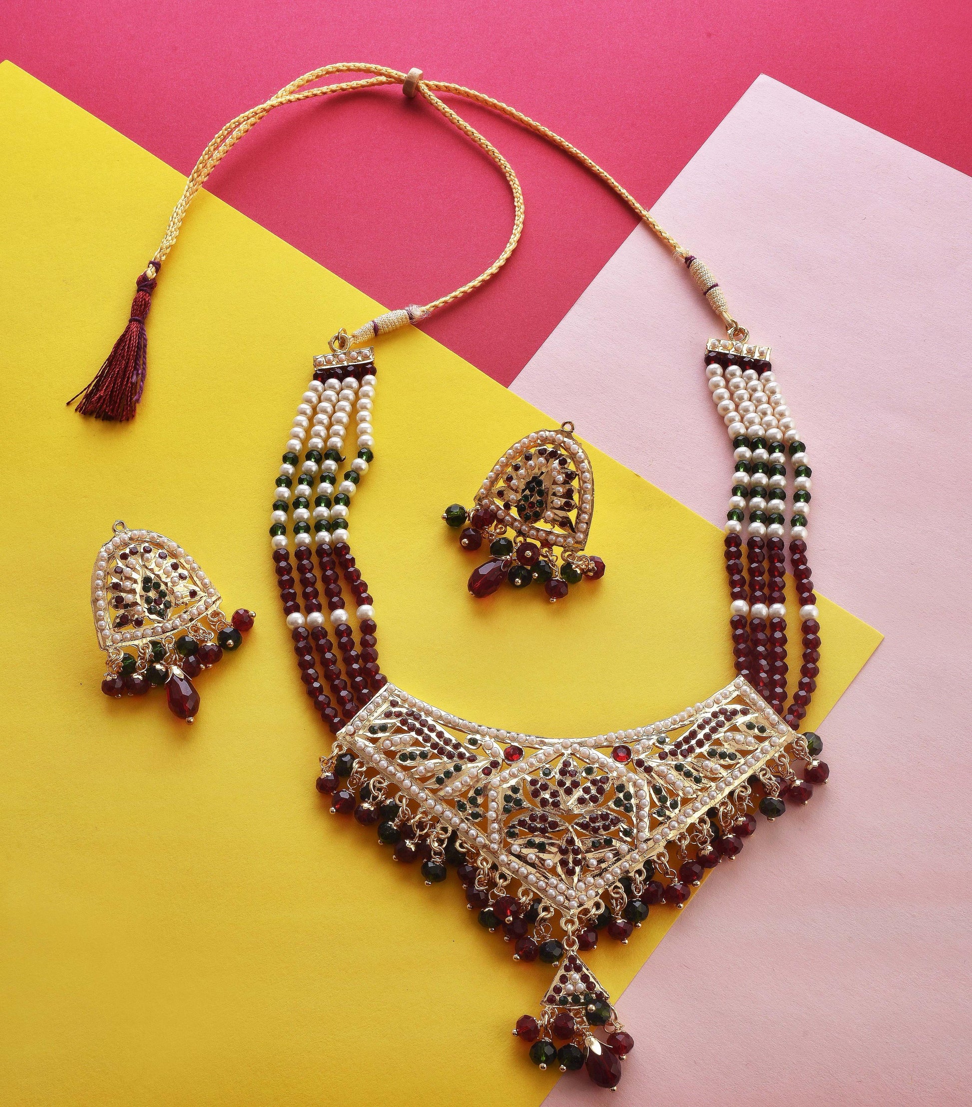 Gold-Polished Alloy Traditional Ethnic Beaded Jadau Necklace Set - The Pari - Swadesiicart