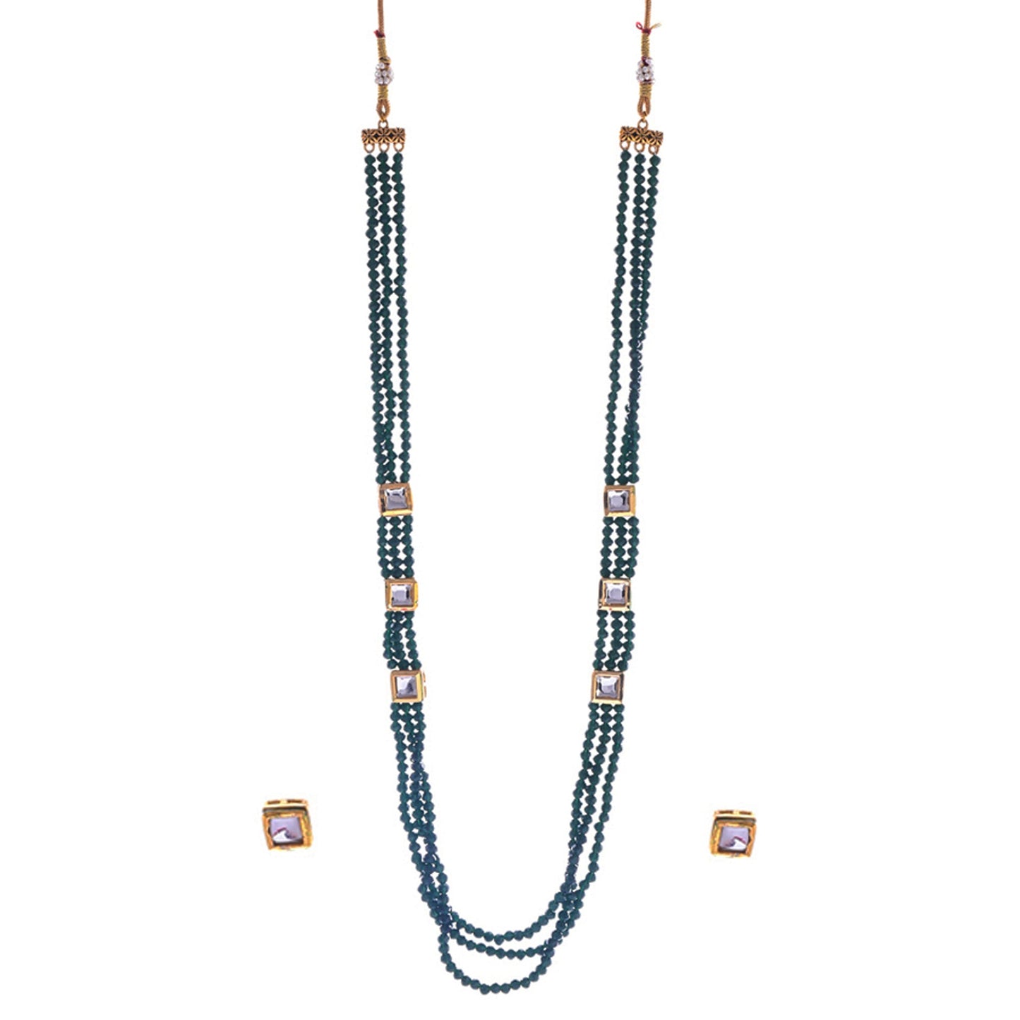 Gold-Polished Alloy Long Green Beaded Kundan Studded Classy Necklace Set - The Pari - Swadesiicart