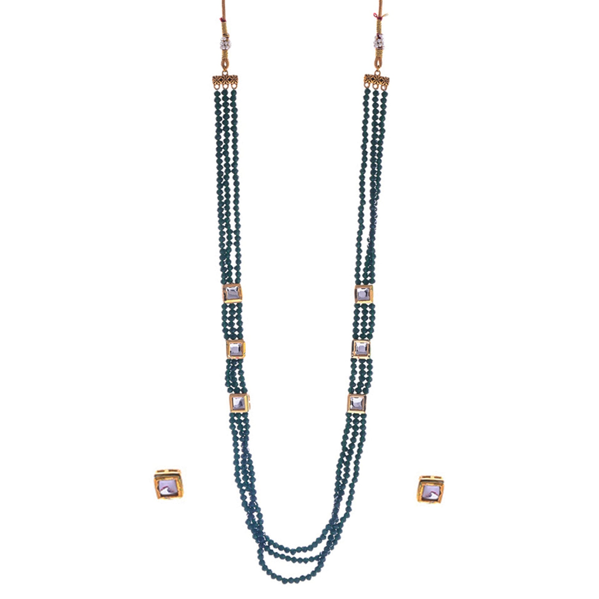 Gold-Polished Alloy Long Green Beaded Kundan Studded Classy Necklace Set - The Pari - Swadesiicart