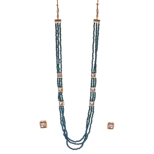 Gold-Polished Alloy Long Green Beaded Kundan Studded Classy Necklace Set - The Pari - Swadesiicart