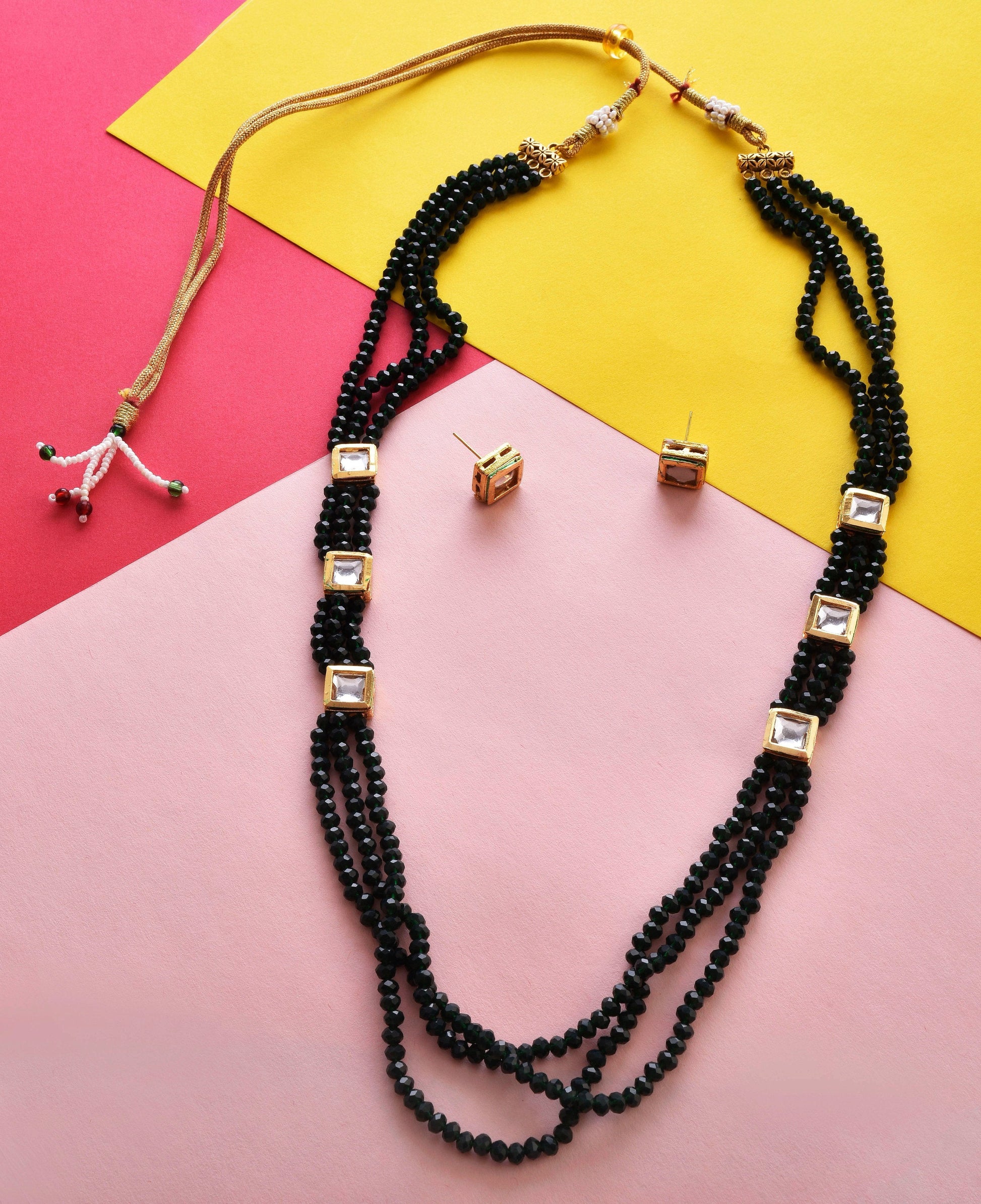 Gold-Polished Alloy Long Green Beaded Kundan Studded Classy Necklace Set - The Pari - The Pari - Dinesh Associates