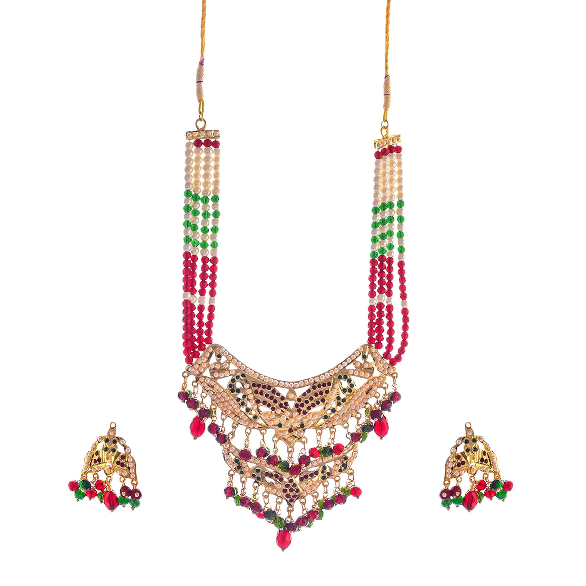 Gold-Polished Alloy Jadau Worktraditional Ethnic Beaded Necklace Set - The Pari - Swadesiicart
