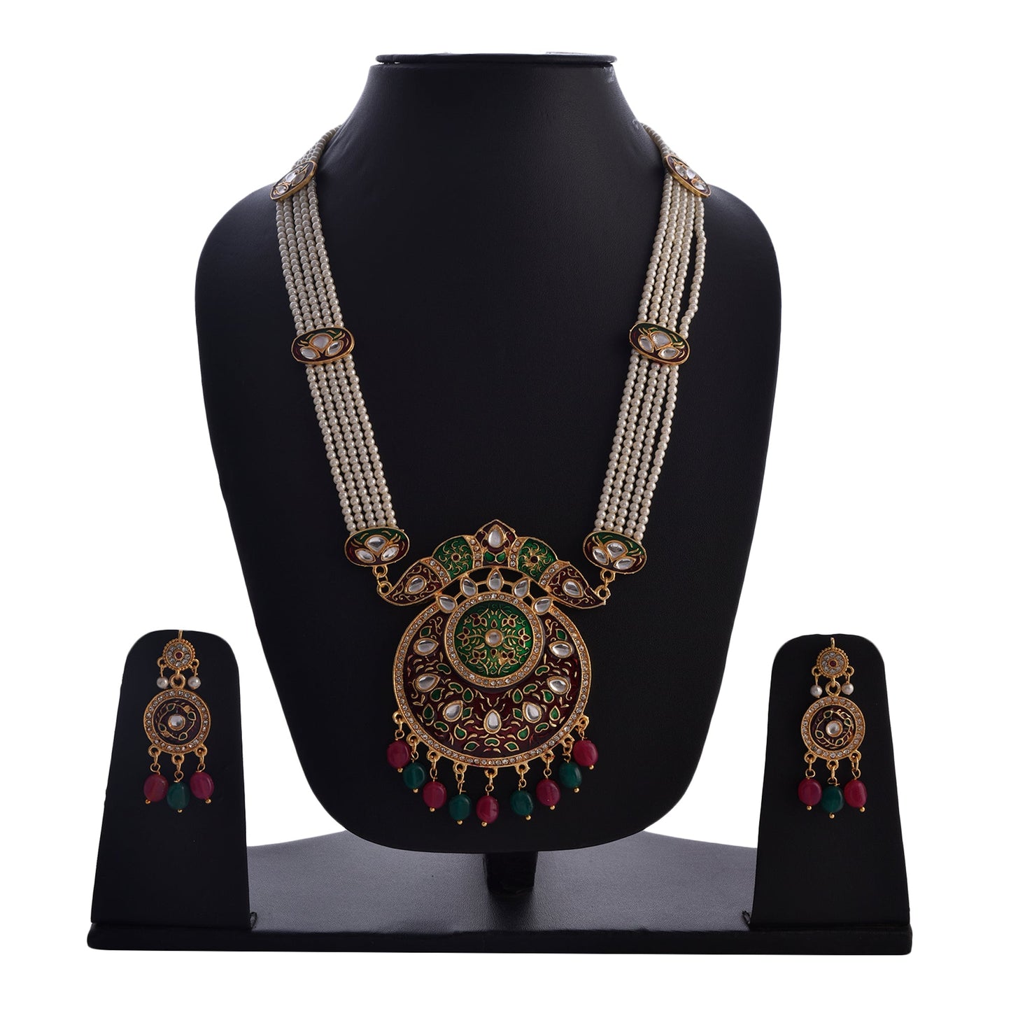 Gold-Polished Alloy Long Pearl Rani Haar Necklace With Designer Thewa Pendant Set - The Pari | Swadesiicart