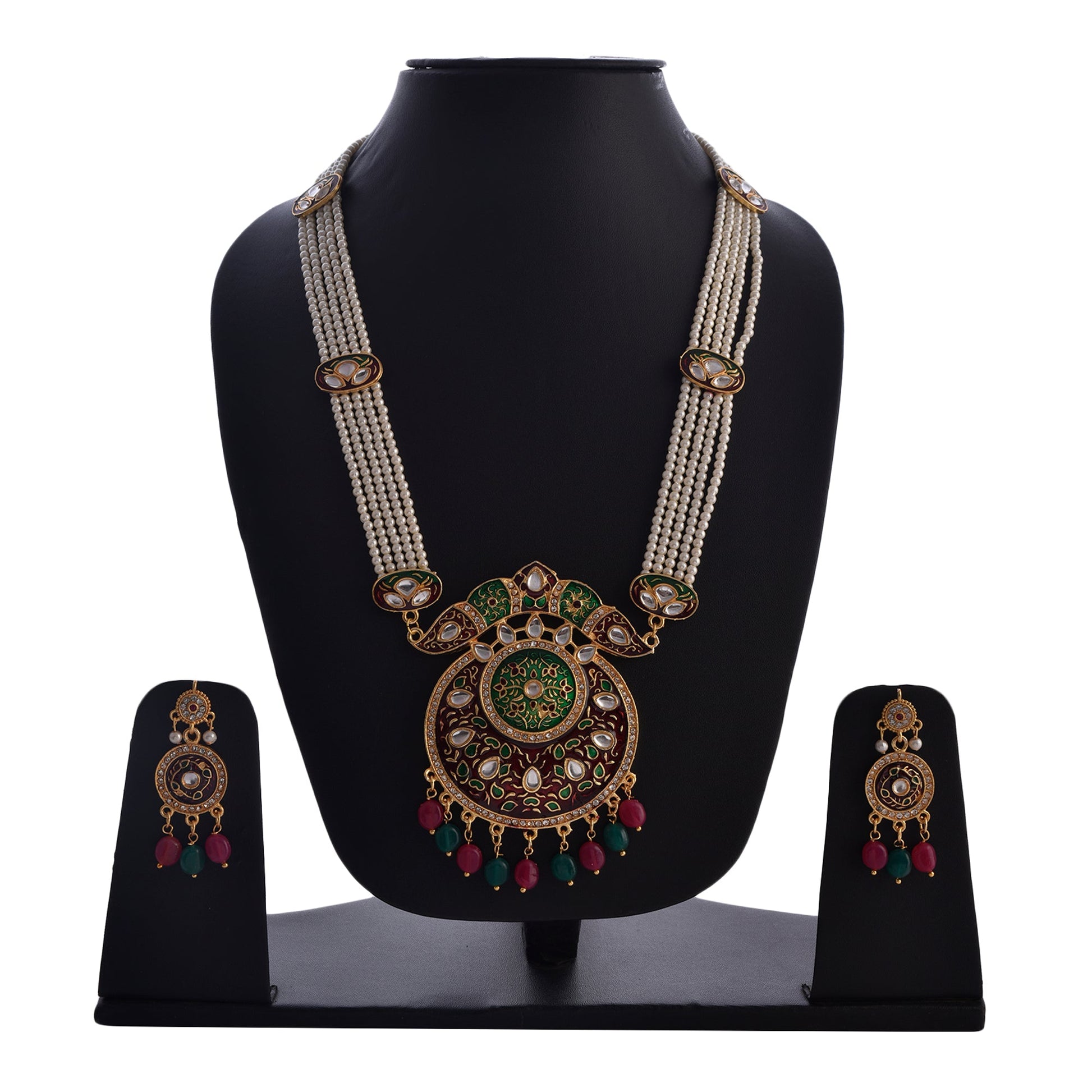 Gold-Polished Alloy Long Pearl Rani Haar Necklace With Designer Thewa Pendant Set - The Pari | Swadesiicart