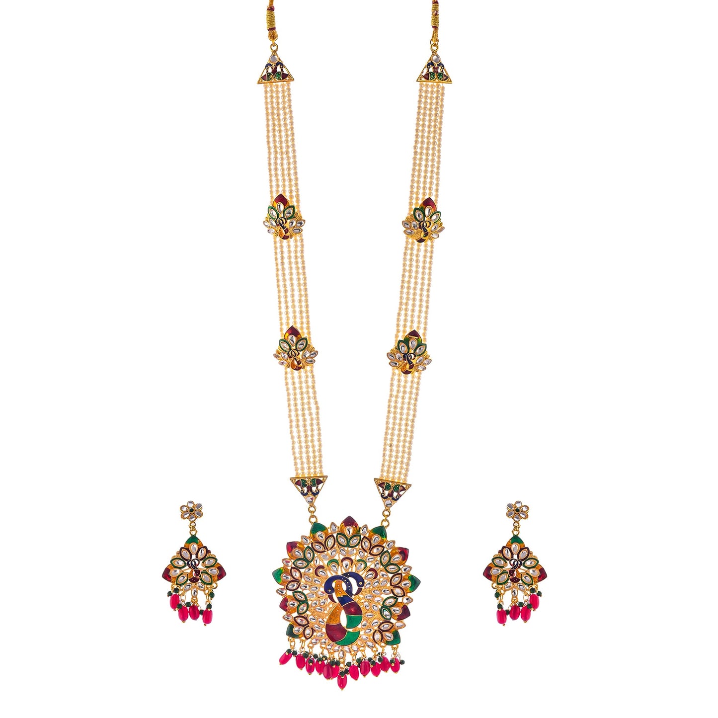 Gold-Polished Alloy Peacock Inspired Long Pearl Rani Haar Necklace With Kundan Earrings - The Pari - The Pari - Dinesh Associates