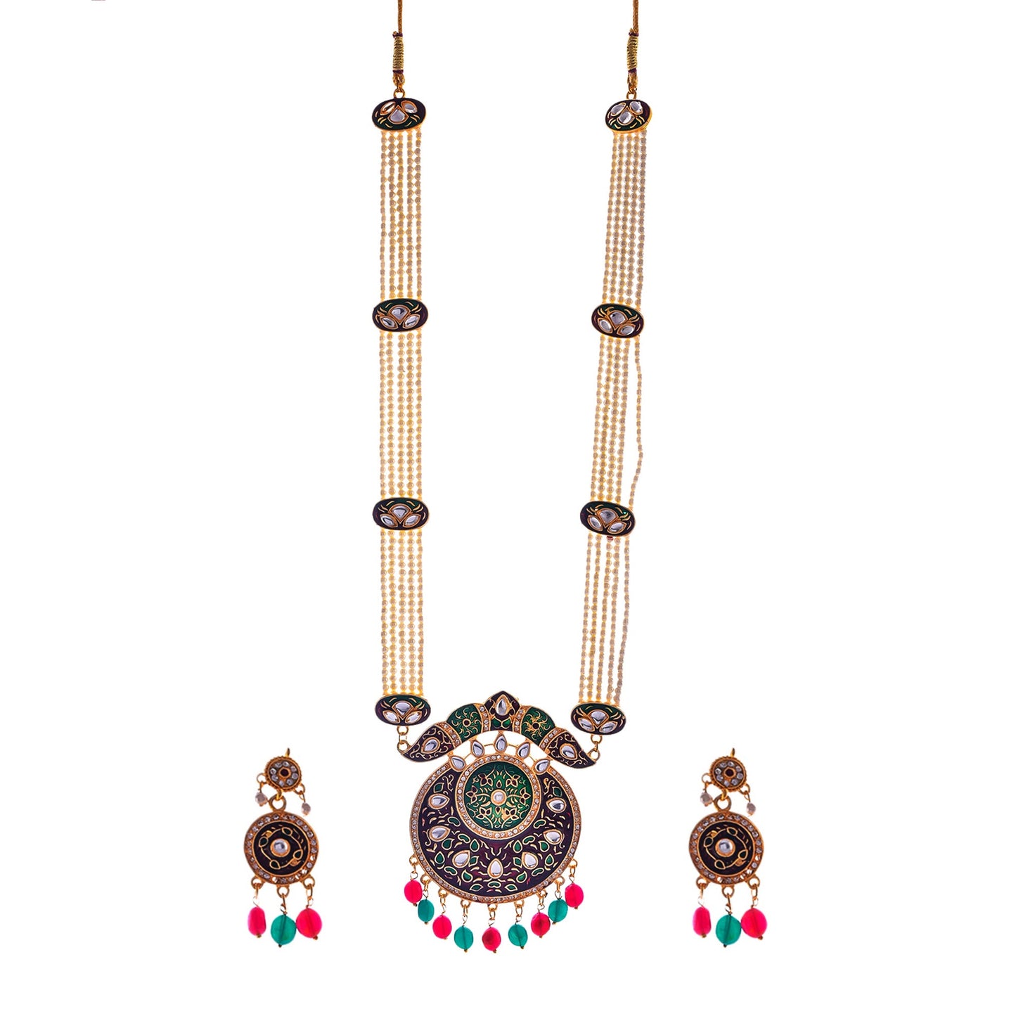 Gold-Polished Alloy Long Pearl Rani Haar Necklace With Designer Thewa Pendant Set - The Pari | Swadesiicart