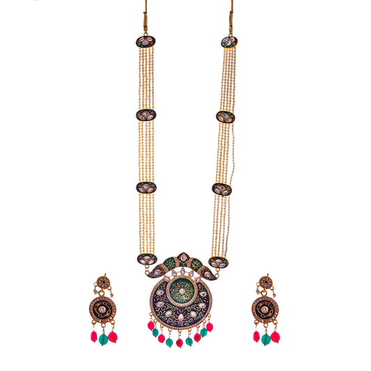 Gold-Polished Alloy Long Pearl Rani Haar Necklace With Designer Thewa Pendant Set - The Pari | Swadesiicart