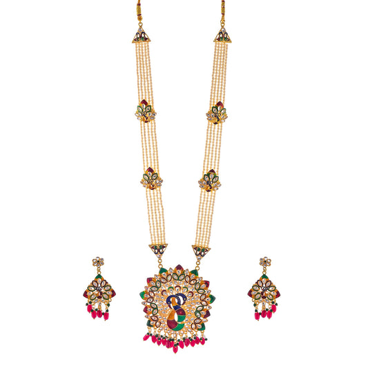 Gold-Polished Alloy Peacock Inspired Long Pearl Rani Haar Necklace With Kundan Earrings - The Pari - The Pari - Dinesh Associates