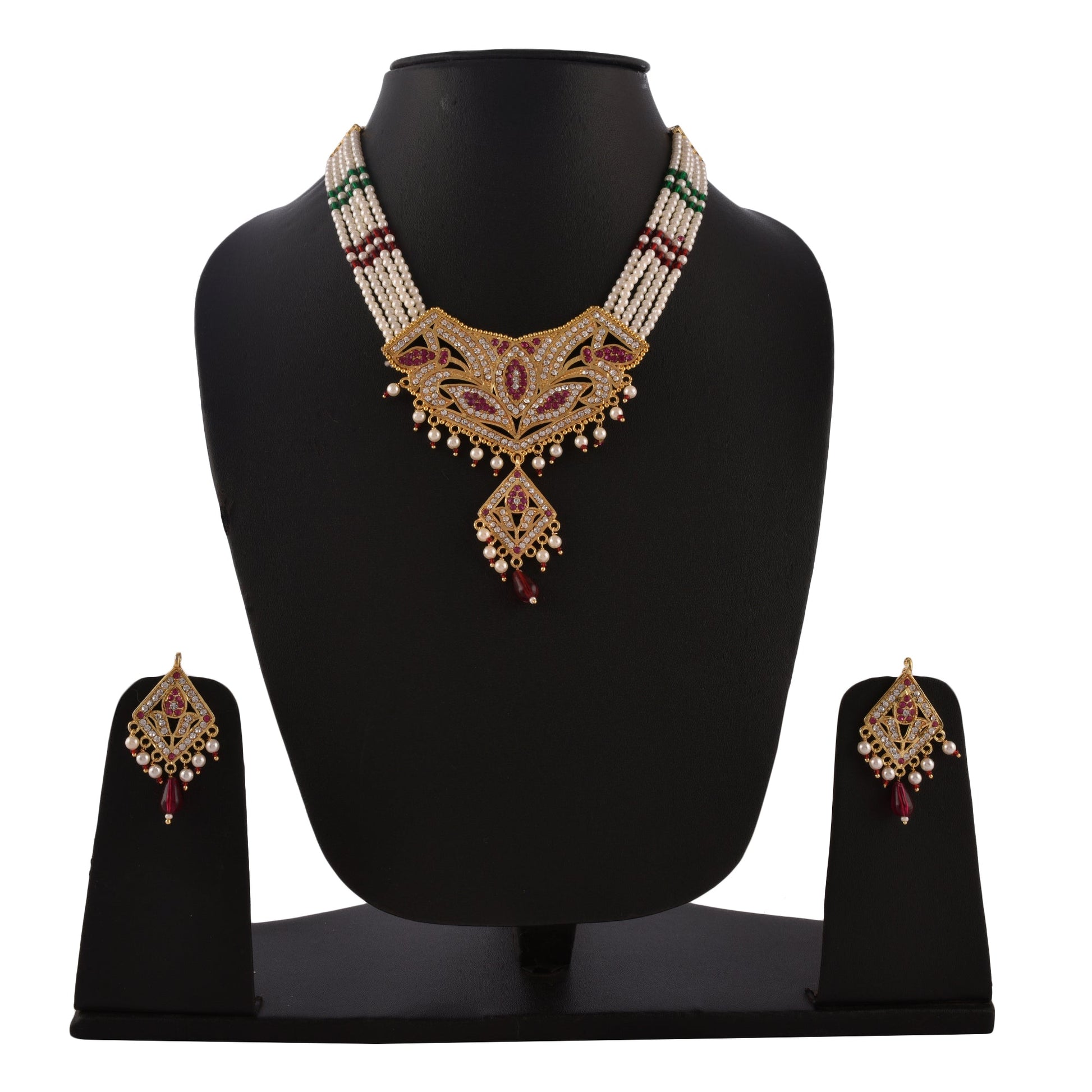 Gold-Polished Alloy Jadau Polki Studded Pearl Mala Necklace Set - The Pari - Swadesiicart