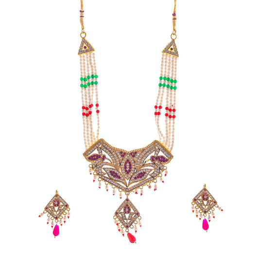 Gold-Polished Alloy Jadau Polki Studded Pearl Mala Necklace Set - The Pari - Swadesiicart