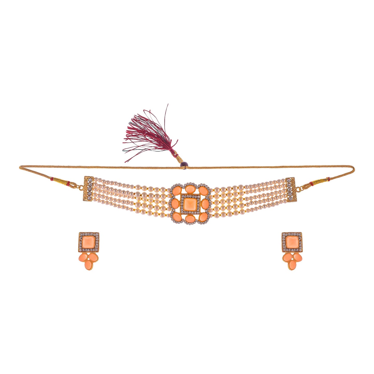 Gold-Polished Alloy Neon Square Motif Pearl Choker Necklace Set - The Pari | Swadesiicart