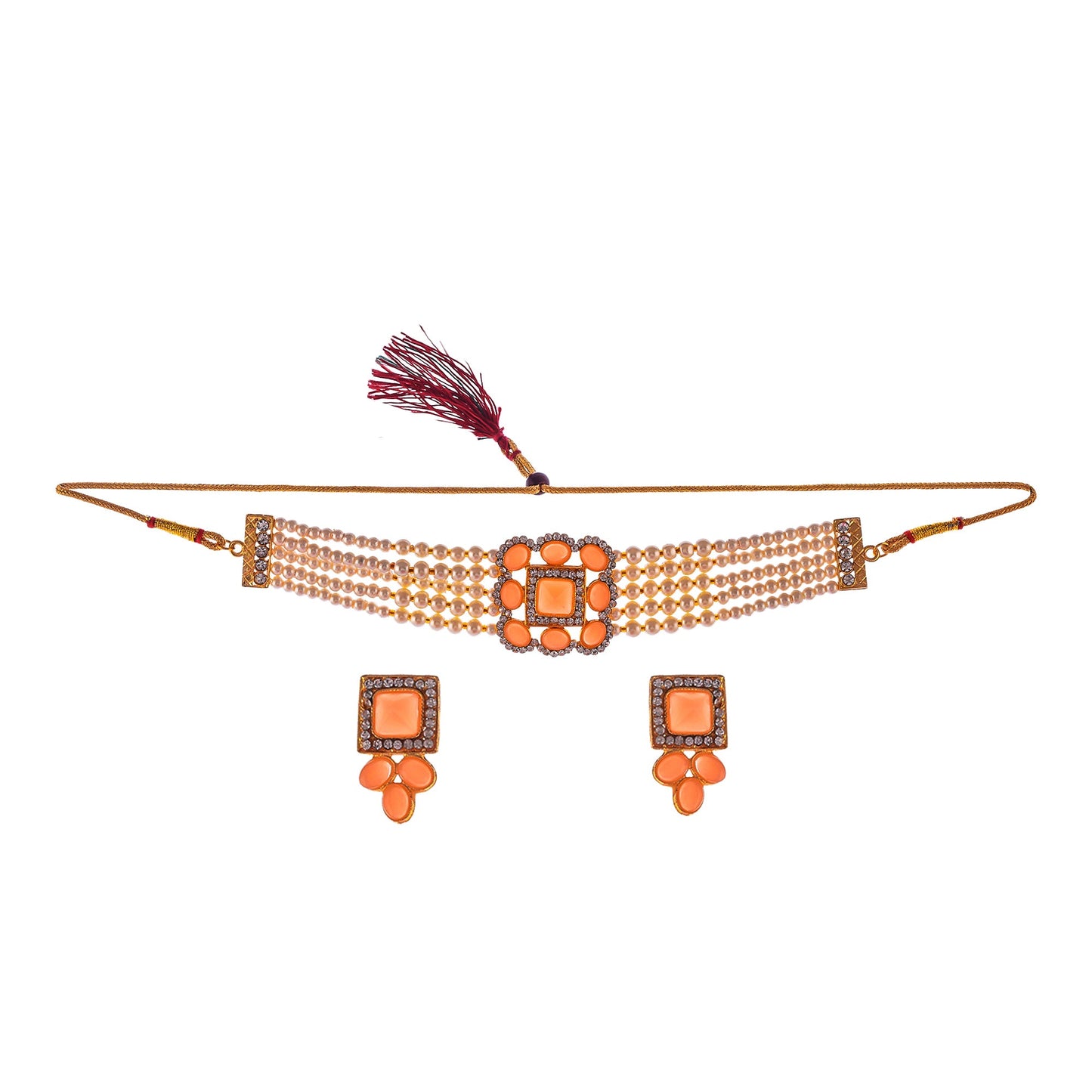 Gold-Polished Alloy Neon Square Motif Pearl Choker Necklace Set - The Pari | Swadesiicart