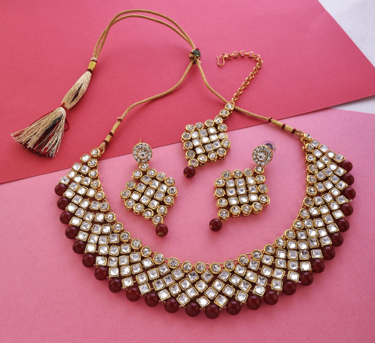 Gold-Polished Alloy Mehrron Kundan Choker Necklace Set With Maangtika - The Pari | Swadesiicart