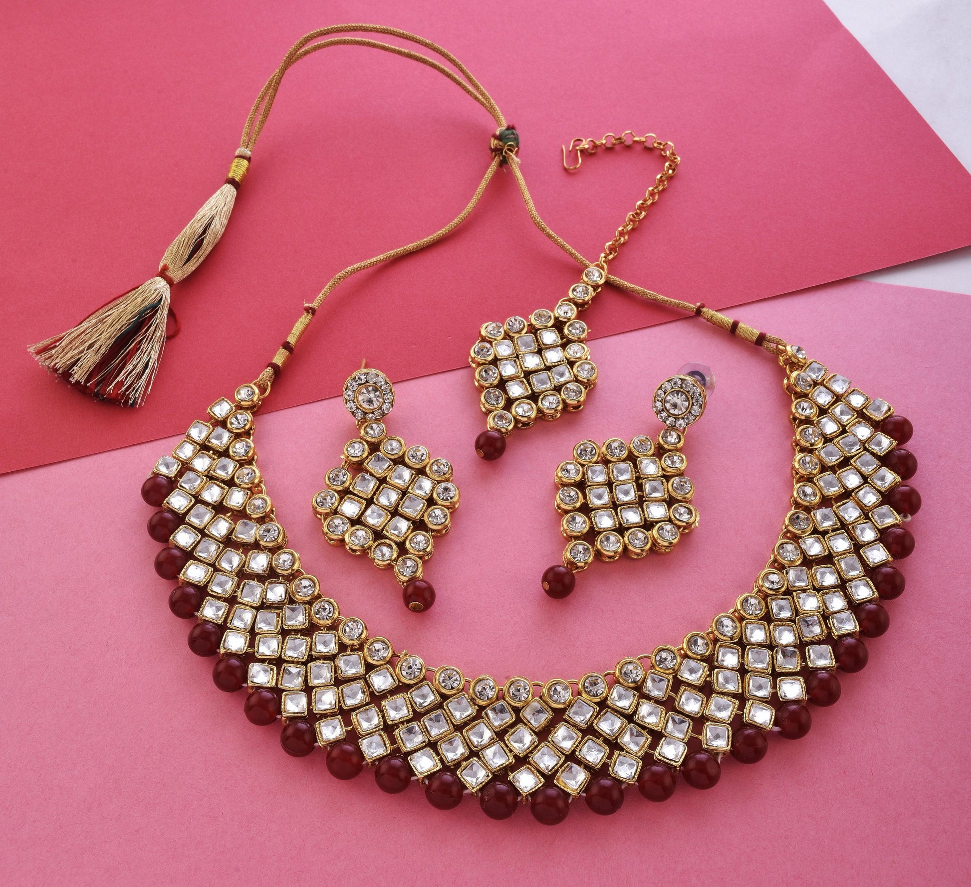 Gold-Polished Alloy Mehrron Kundan Choker Necklace Set With Maangtika - The Pari | Swadesiicart