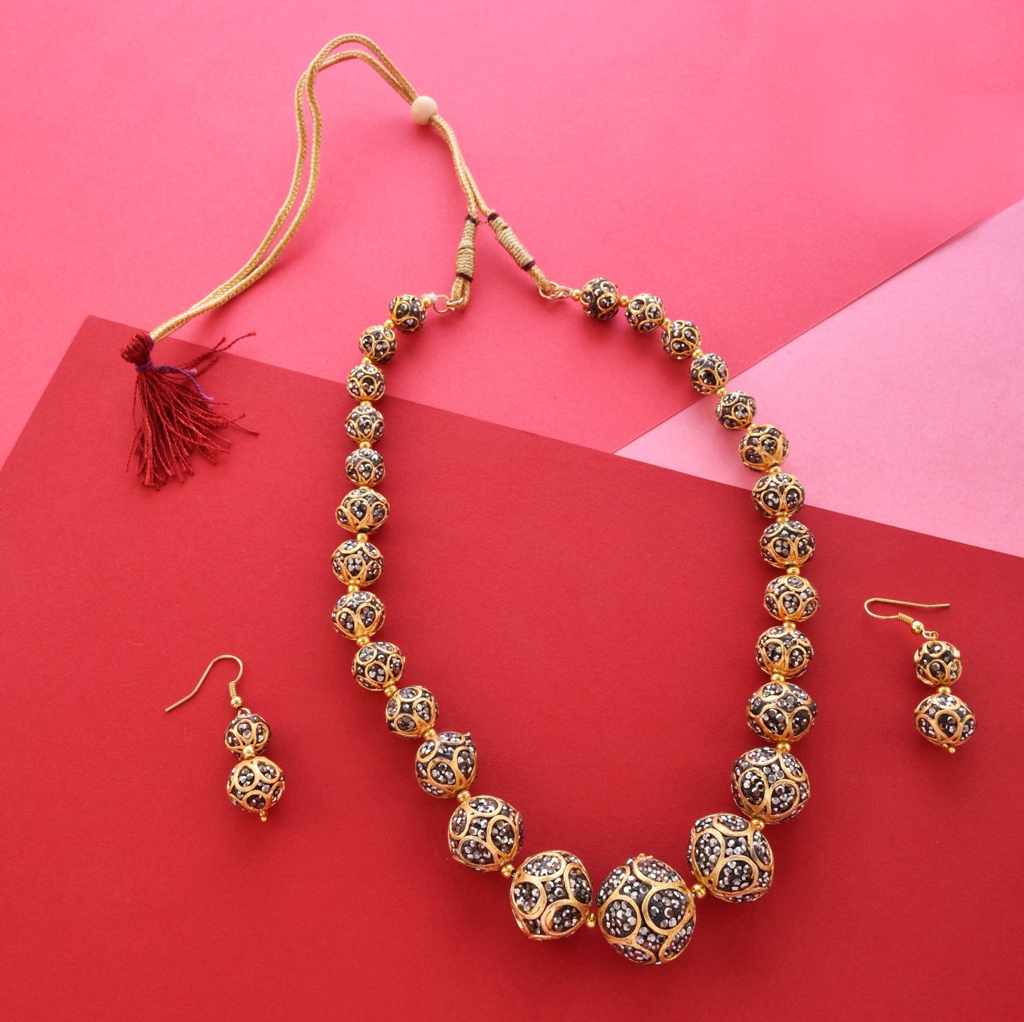 Gold-Polished Alloy Victorian Look Classy Mala Necklace With Earrings - The Pari - The Pari - Dinesh Associates