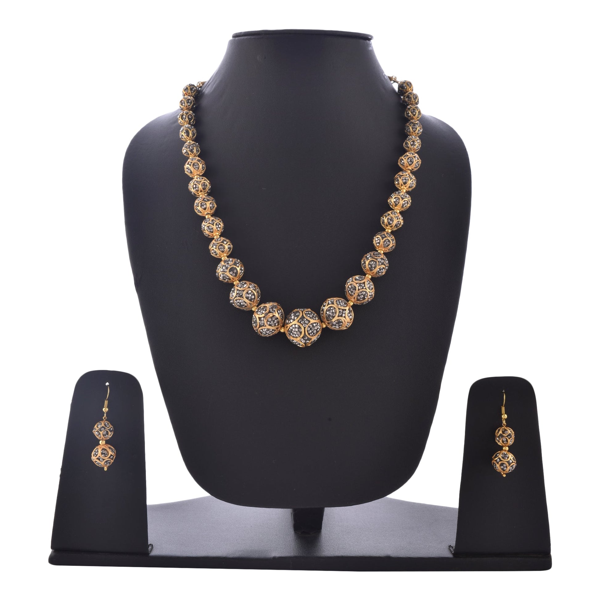 Gold-Polished Alloy Victorian Look Classy Mala Necklace With Earrings - The Pari - Swadesiicart