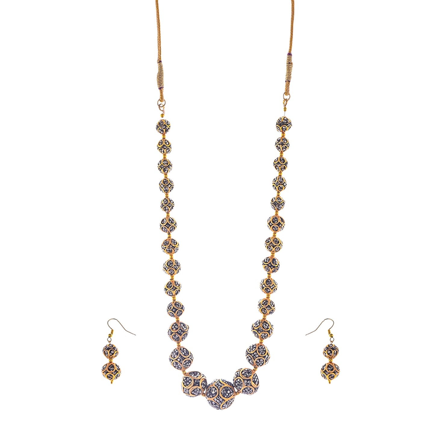 Gold-Polished Alloy Victorian Look Classy Mala Necklace With Earrings - The Pari - Swadesiicart