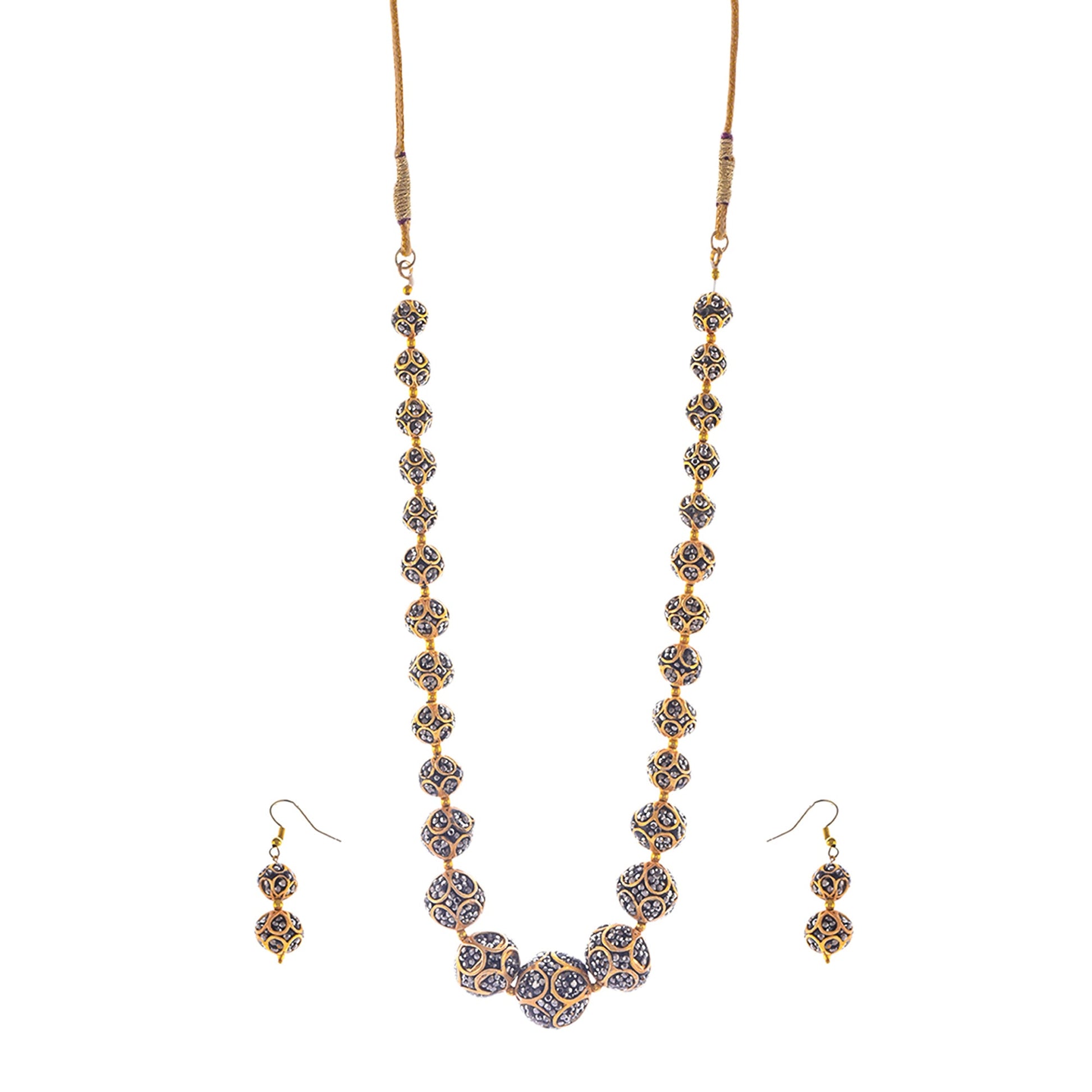 Gold-Polished Alloy Victorian Look Classy Mala Necklace With Earrings - The Pari - Swadesiicart