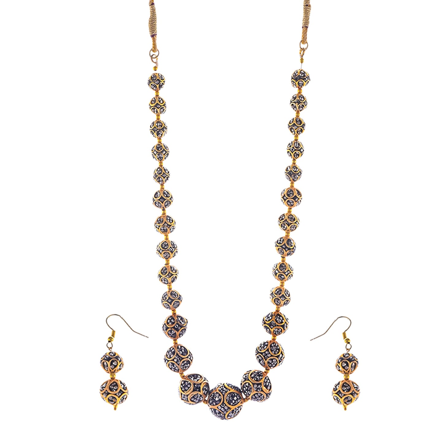Gold-Polished Alloy Victorian Look Classy Mala Necklace With Earrings - The Pari - Swadesiicart