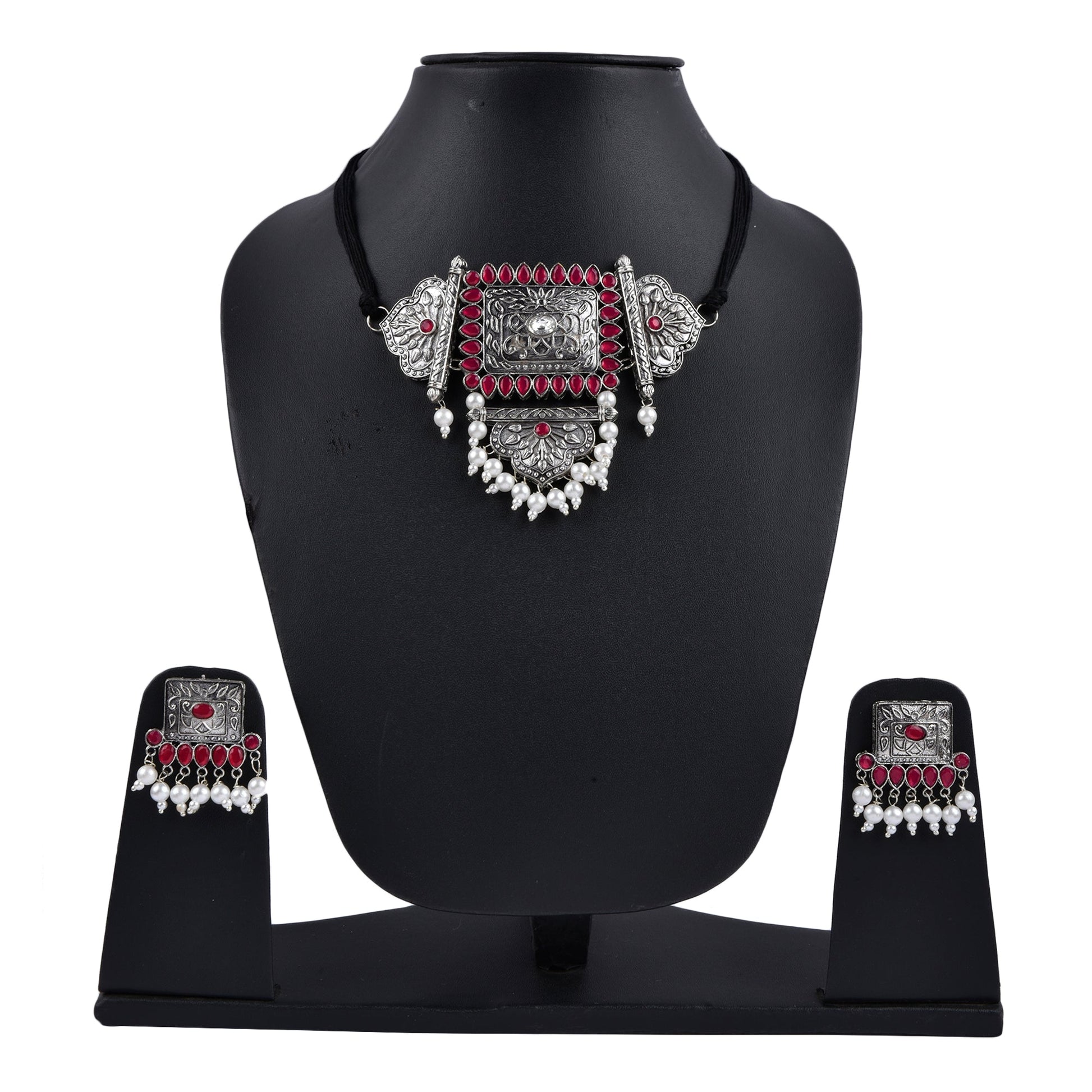 Silver-Plated Alloy Oxidised Tribal Pendant Choker Necklace - The Pari | Swadesiicart