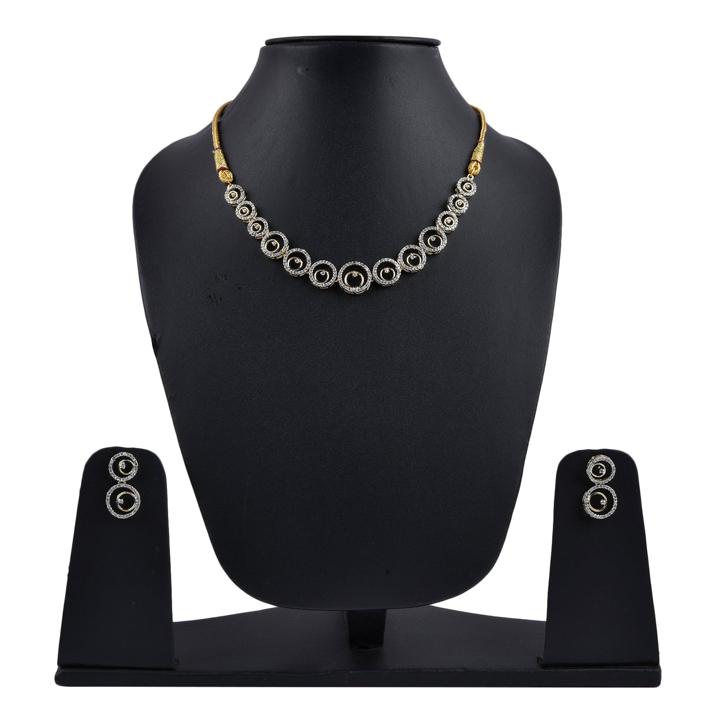 Rhodium-Plated Alloy American Diamond Circle Style Necklace With Earring Ring And Bracelet Set - The Pari - Swadesiicart