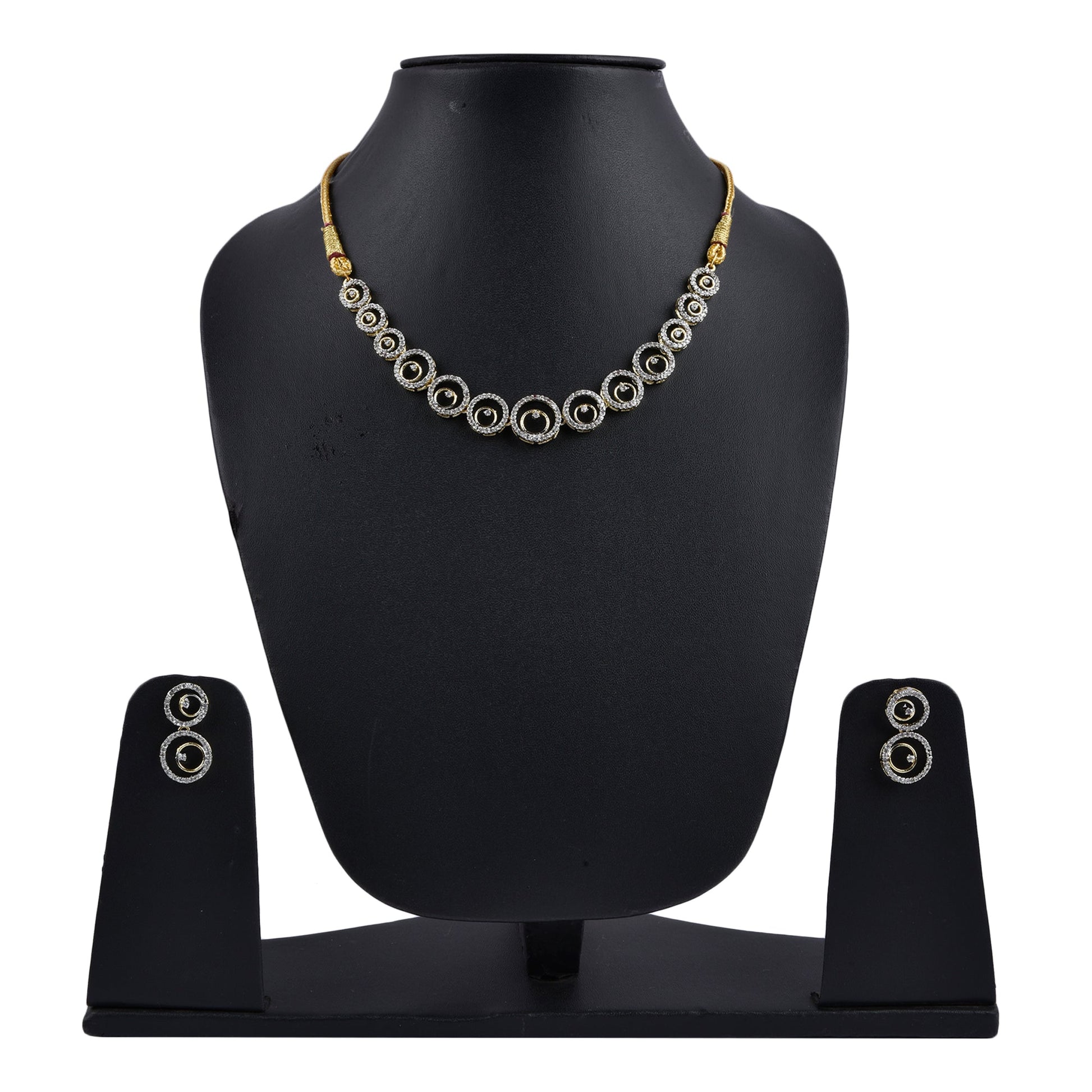 Rhodium-Plated Alloy American Diamond Circle Style Necklace With Earring Ring And Bracelet Set - The Pari - Swadesiicart