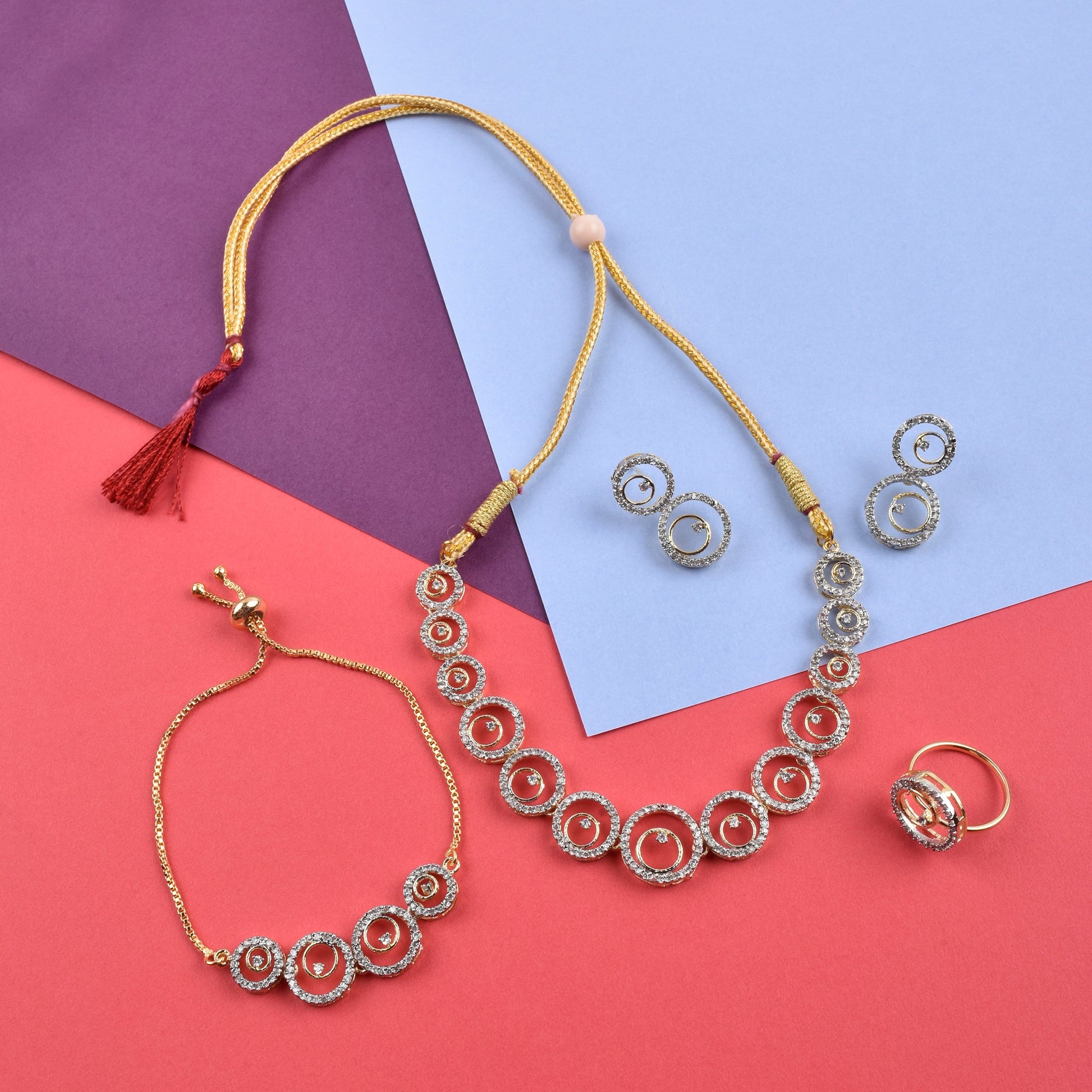 Rhodium-Plated Alloy American Diamond Circle Style Necklace With Earring Ring And Bracelet Set - The Pari - The Pari - Dinesh Associates