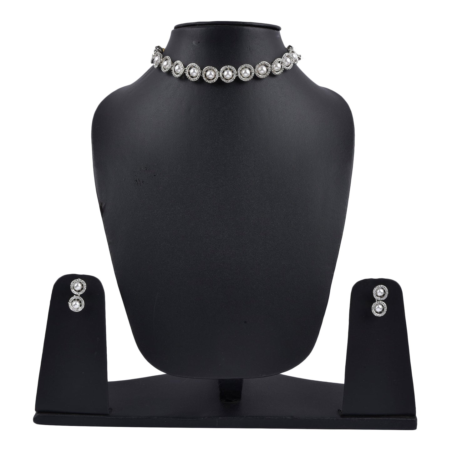 Rhodium-Plated Alloy Silver Ad Necklace With Pearls - The Pari | Swadesiicart