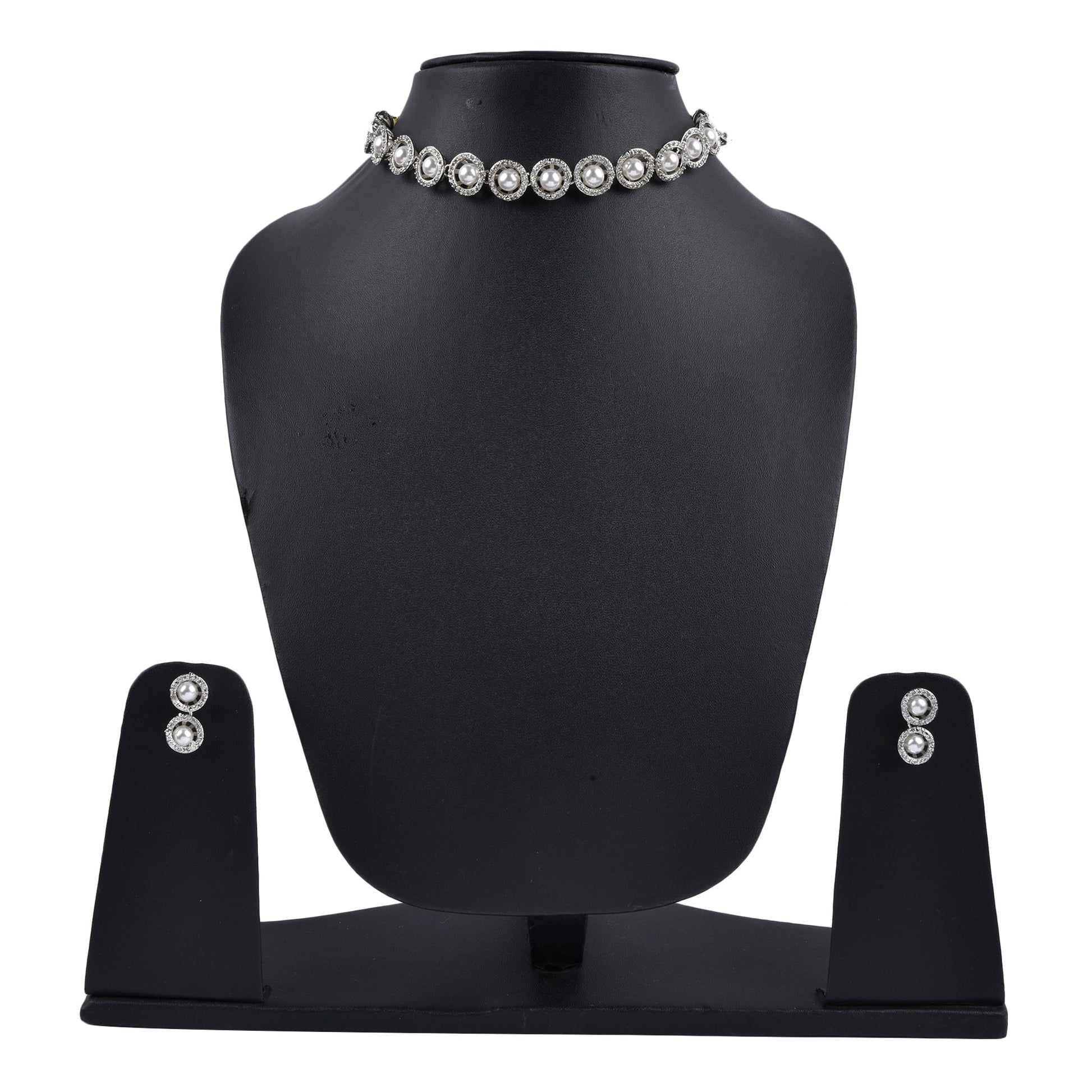 Rhodium-Plated Alloy Silver Ad Necklace With Pearls - The Pari | Swadesiicart