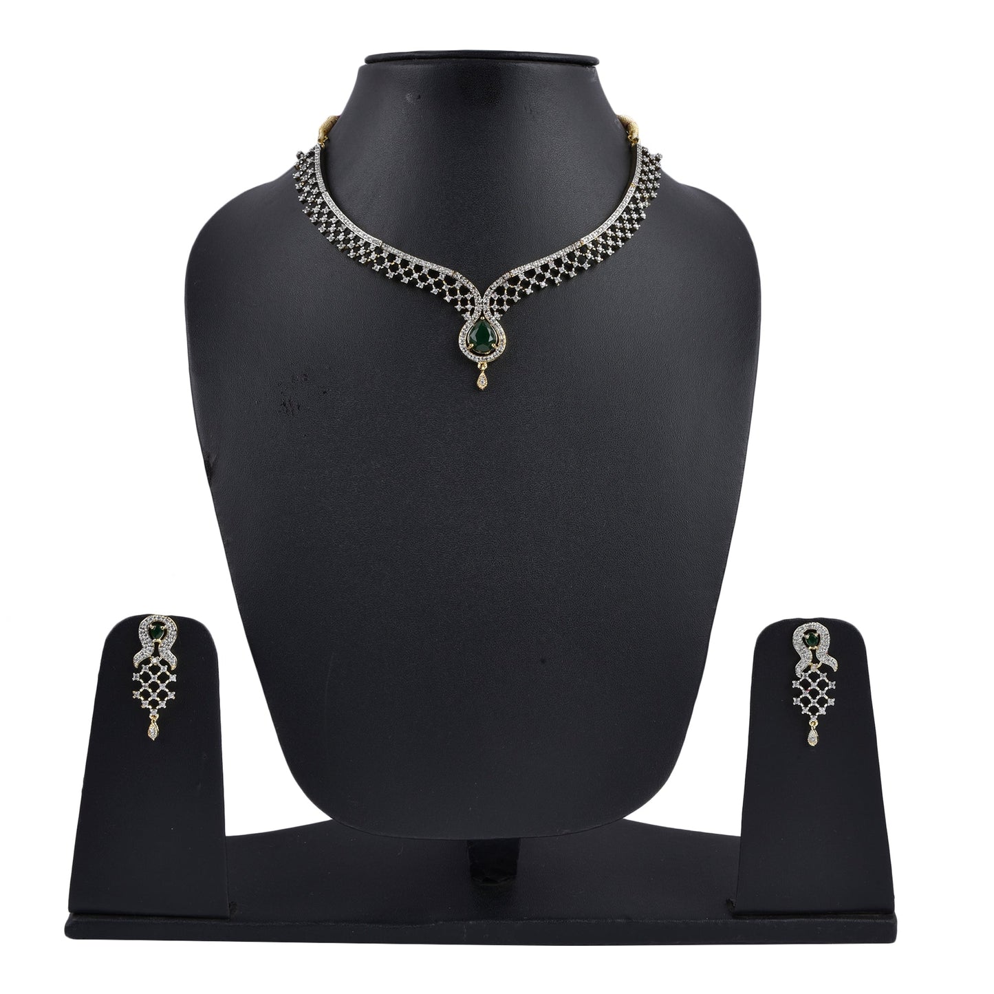 Rhodium-Plated Alloy Green Classy Ad Necklace Set - The Pari - Swadesiicart