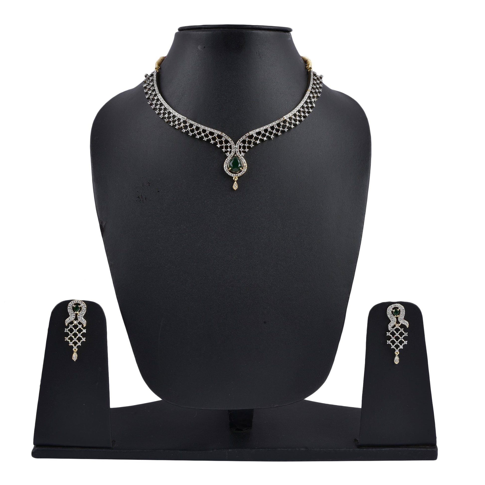 Rhodium-Plated Alloy Green Classy Ad Necklace Set - The Pari - Swadesiicart