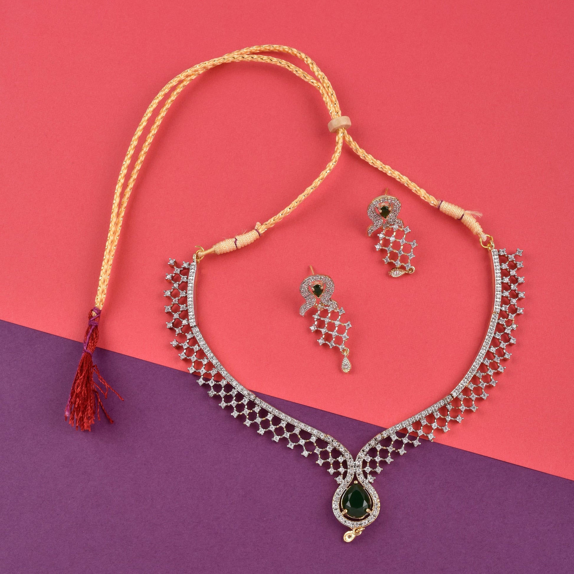 Rhodium-Plated Alloy Green Classy Ad Necklace Set - The Pari - The Pari - Dinesh Associates