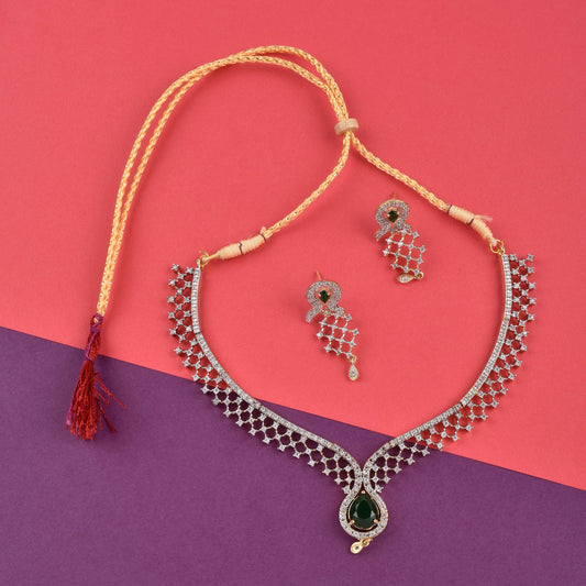 Rhodium-Plated Alloy Green Classy Ad Necklace Set - The Pari - The Pari - Dinesh Associates