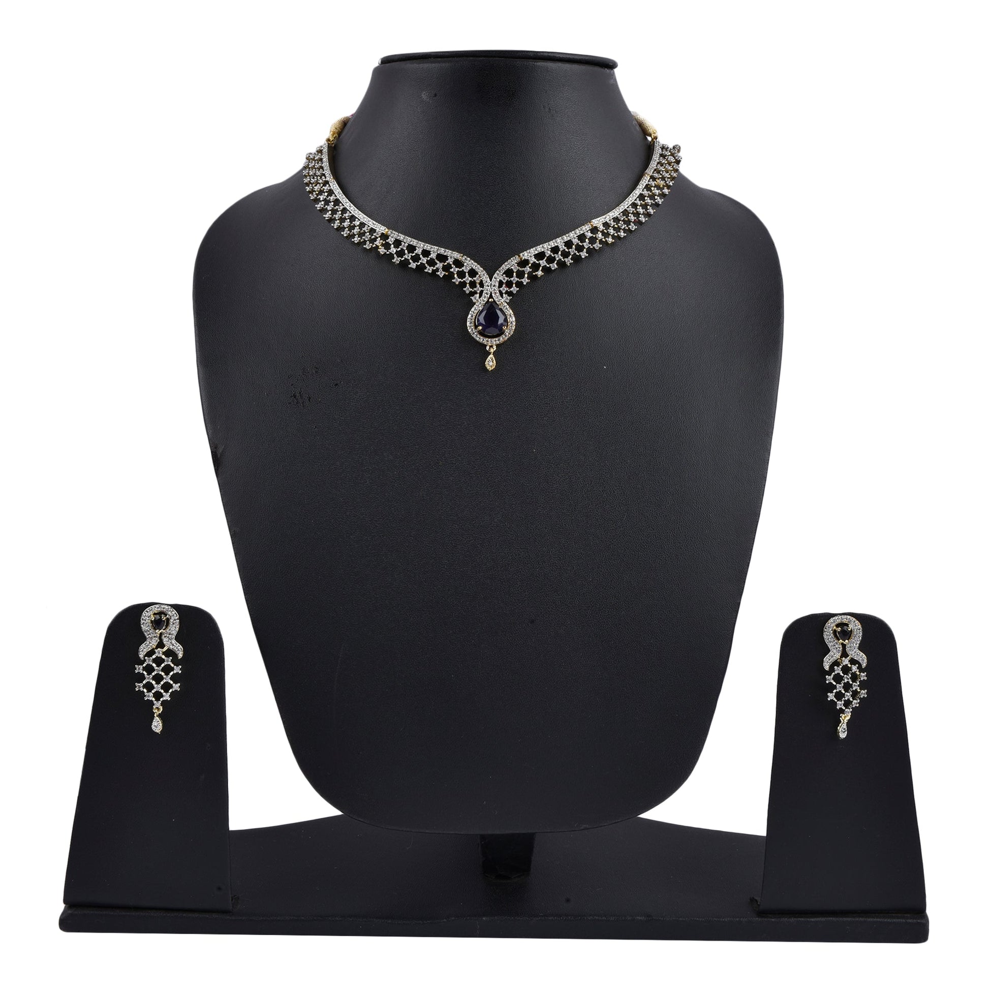Rhodium-Plated Alloy Blue Classy Ad Necklace Set - The Pari - Swadesiicart