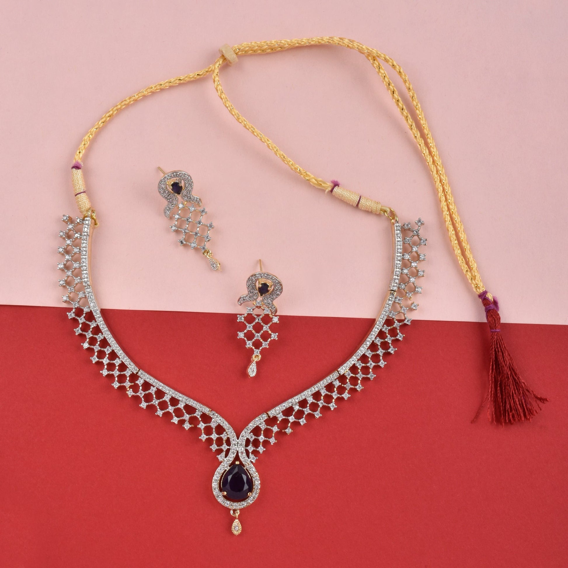 Rhodium-Plated Alloy Blue Classy Ad Necklace Set - The Pari - The Pari - Dinesh Associates