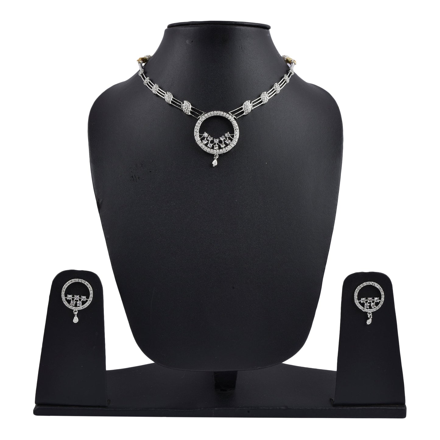 Rhodium-Plated Alloy Round Motif Ad Necklace Set - The Pari - Swadesiicart