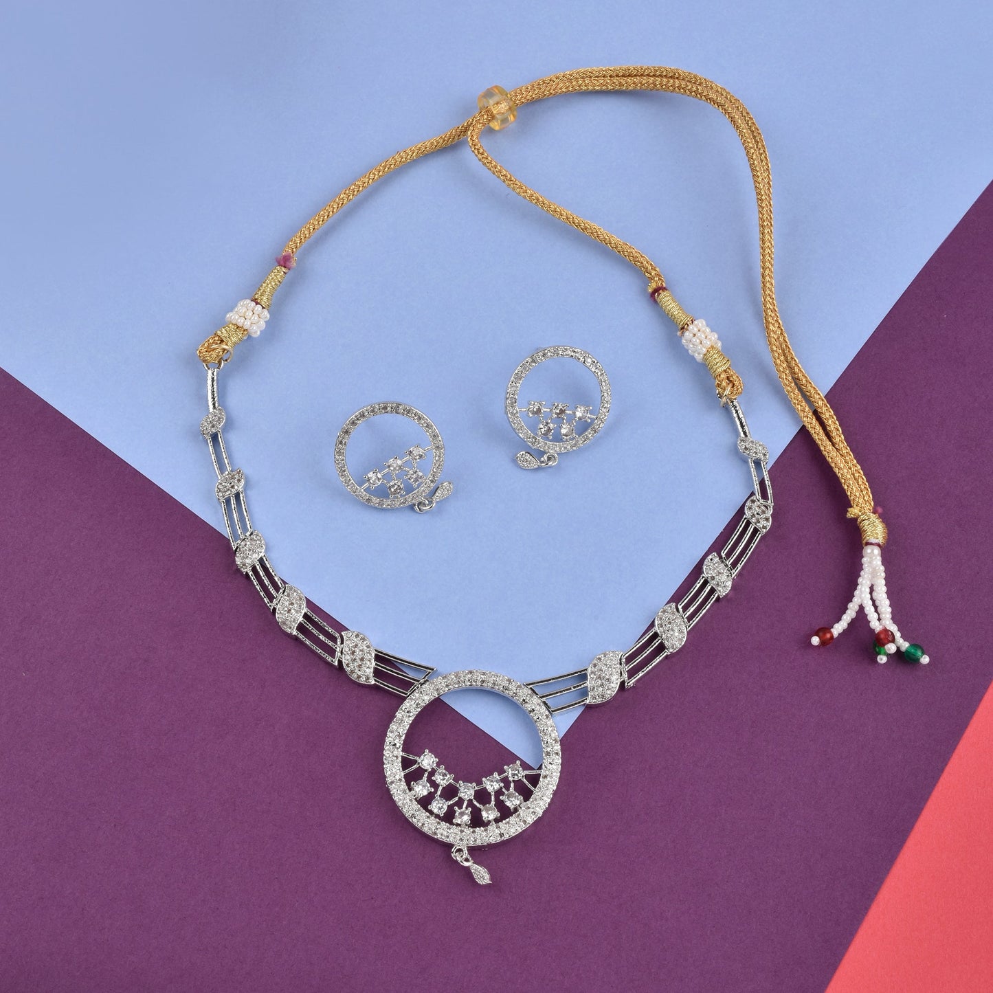 Rhodium-Plated Alloy Round Motif Ad Necklace Set - The Pari - The Pari - Dinesh Associates