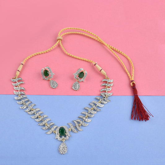 Rhodium-Plated Alloy Nagin Inspired Green Stone Ad Necklace Set - The Pari - The Pari - Dinesh Associates