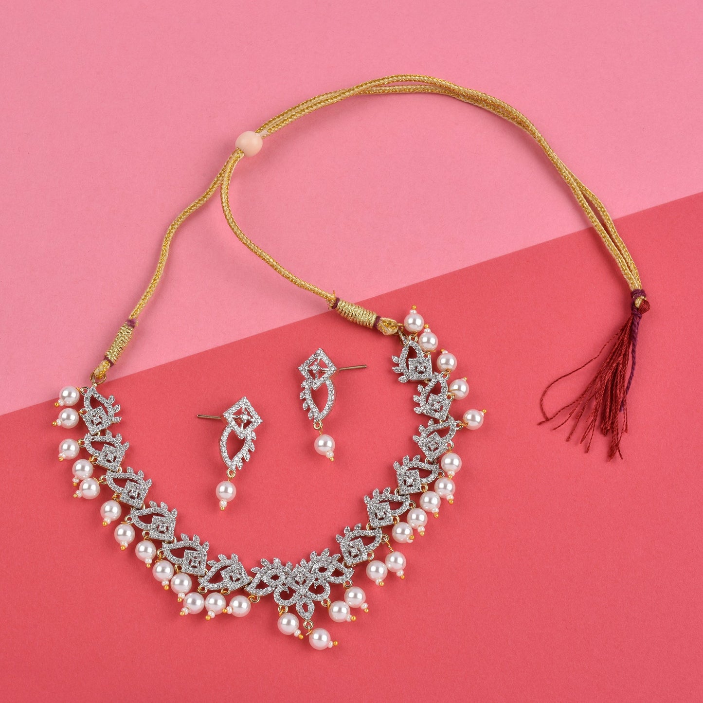 Rhodium-Plated Alloy Pearl Hanging Designer Choker Necklace - The Pari | Swadesiicart
