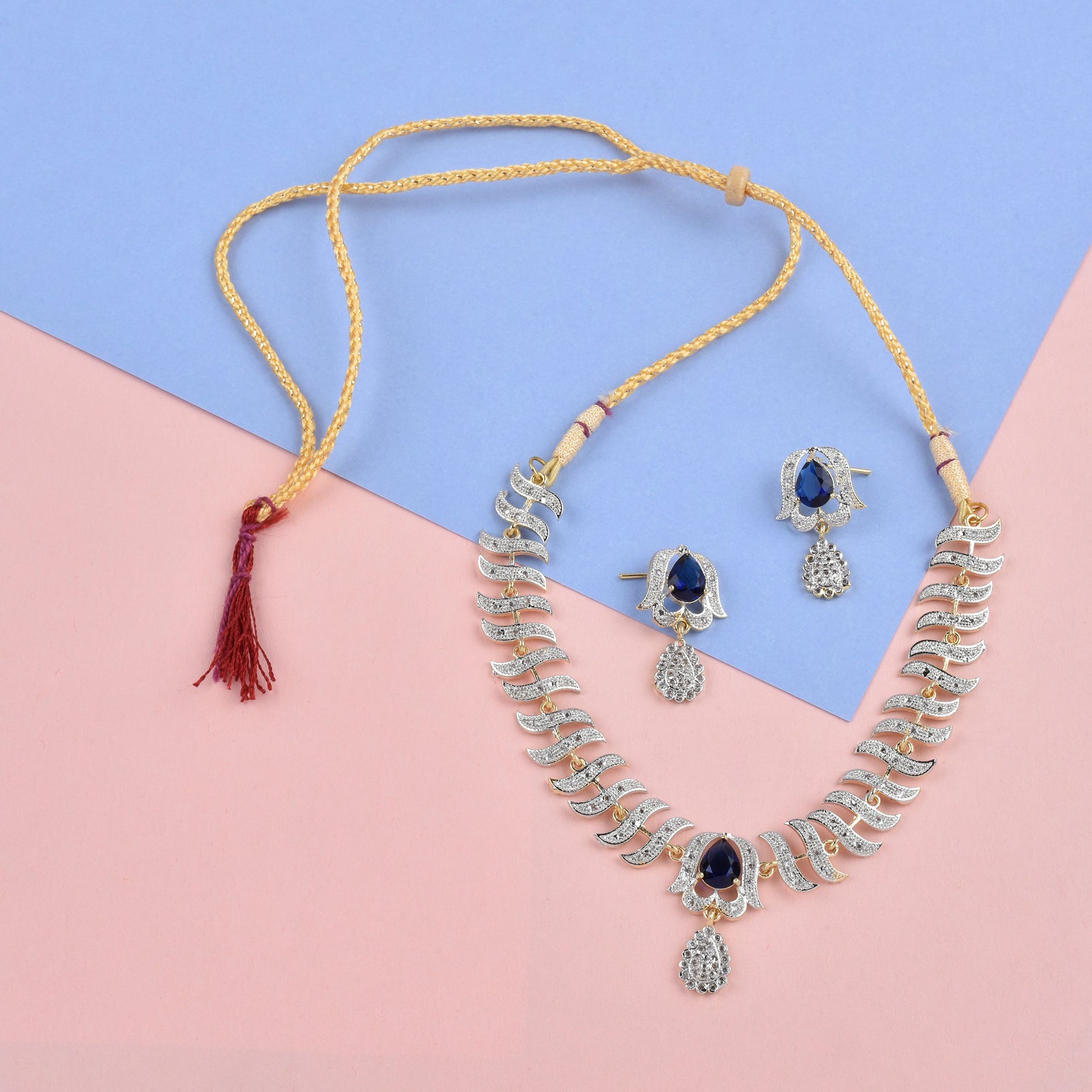Rhodium-Plated Alloy Nagin Inspired Blue Stone Ad Necklace Set - The Pari - The Pari - Dinesh Associates