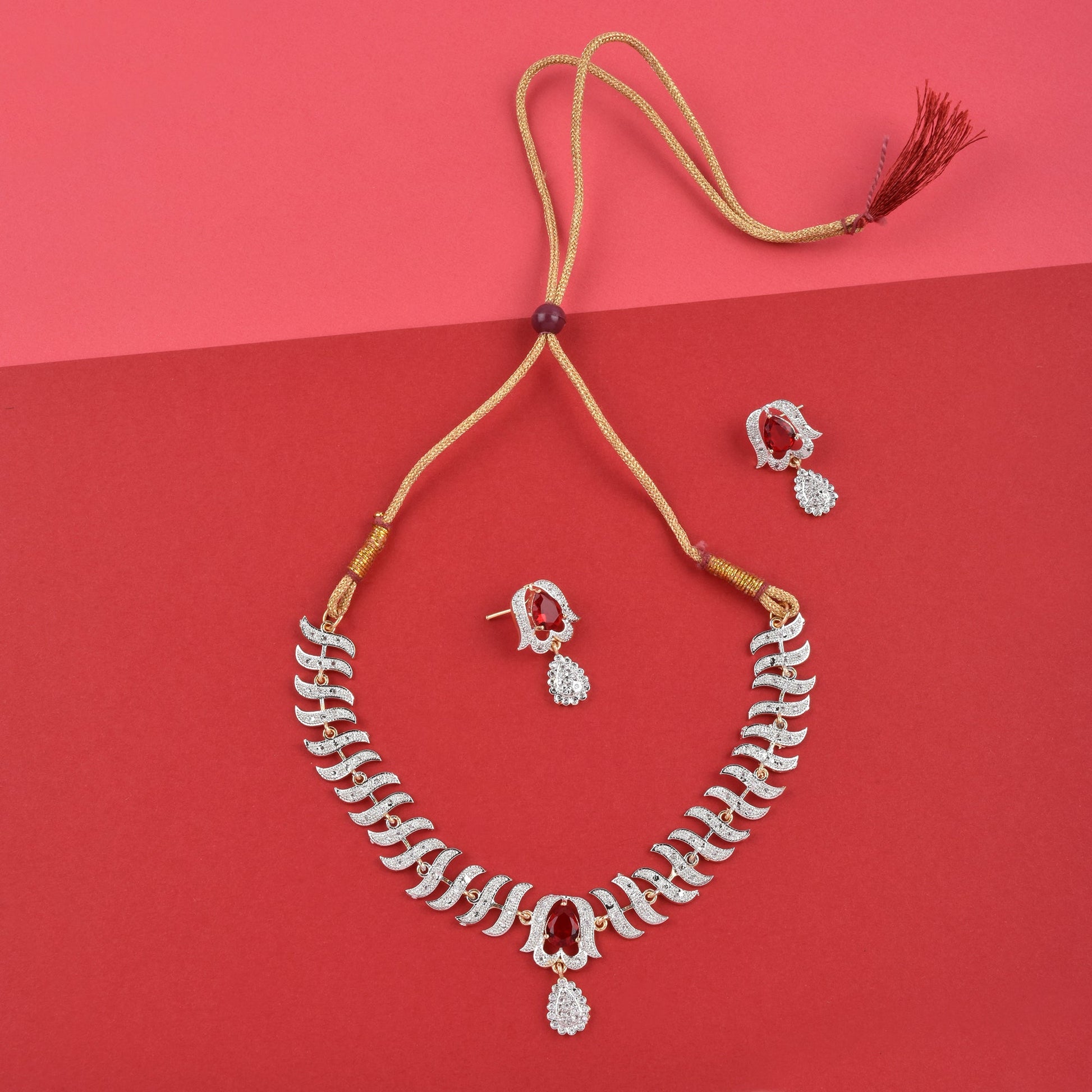 Rhodium-Plated Alloy Nagin Inspired Ruby Stone Ad Necklace Set - The Pari - The Pari - Dinesh Associates