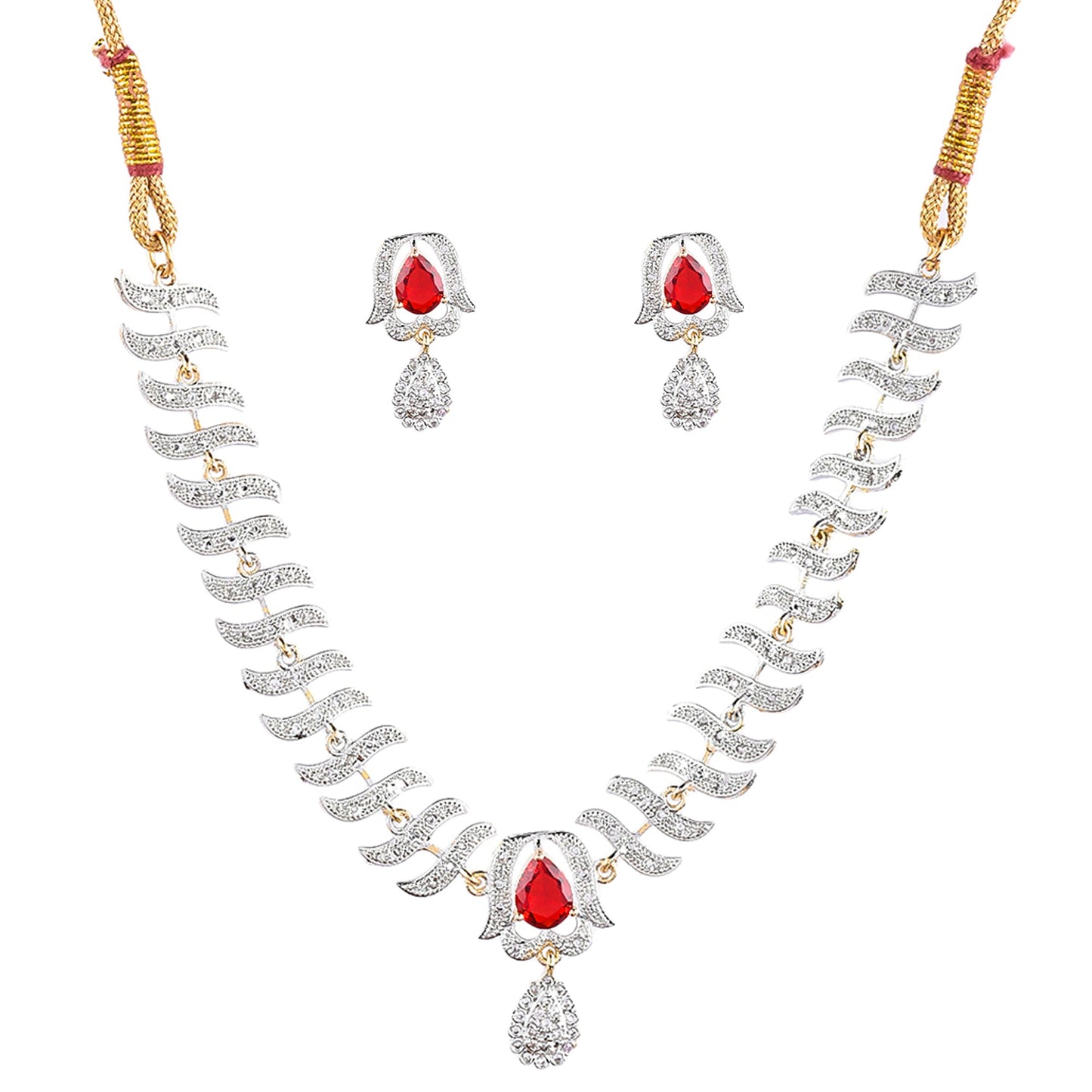 Rhodium-Plated Alloy Nagin Inspired Ruby Stone Ad Necklace Set - The Pari - Swadesiicart