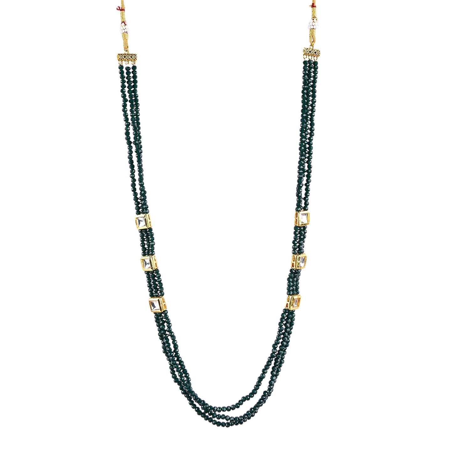 Gold-Polished Alloy Long Green Beaded Kundan Studded Classy Necklace Set - The Pari - Swadesiicart