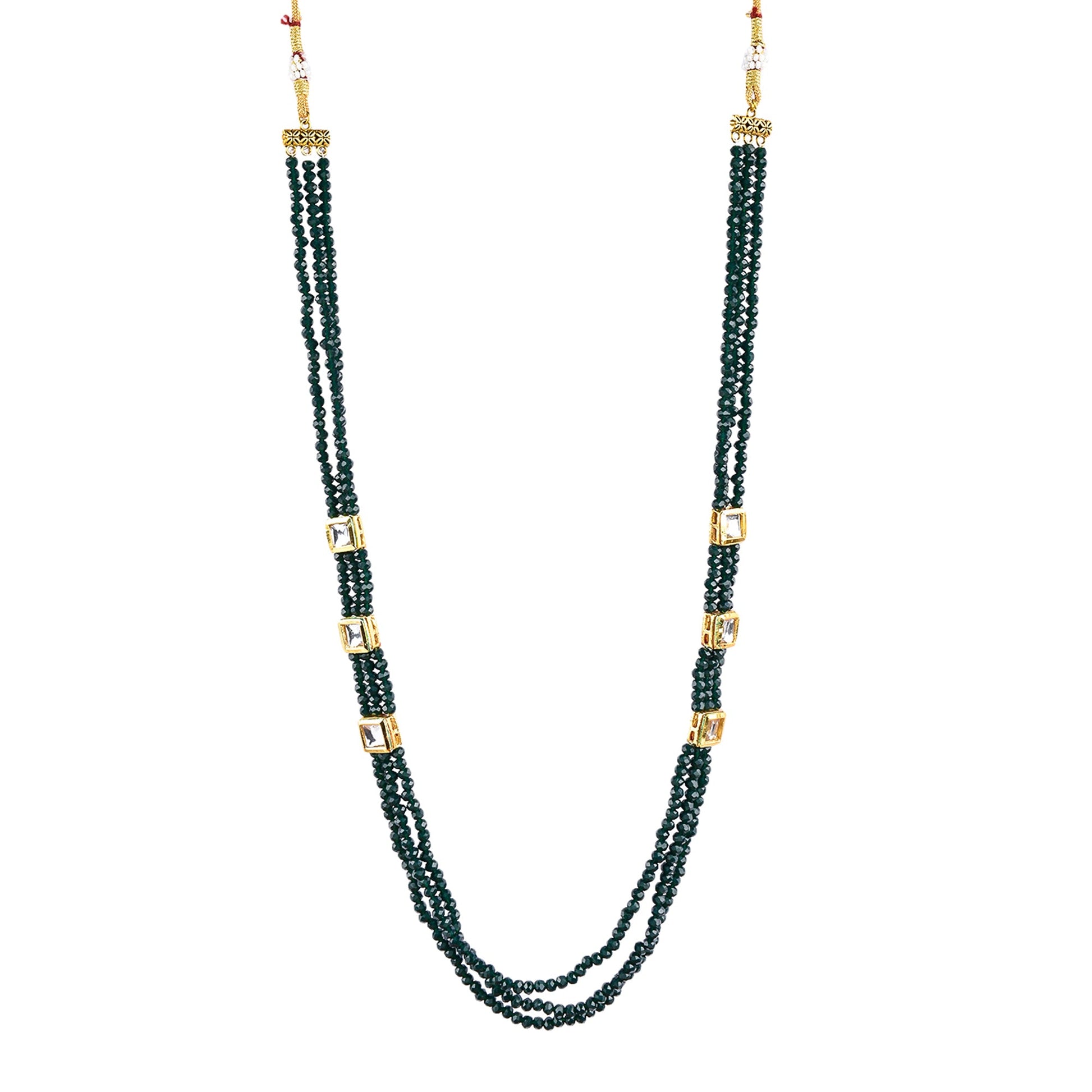 Gold-Polished Alloy Long Green Beaded Kundan Studded Classy Necklace Set - The Pari - Swadesiicart
