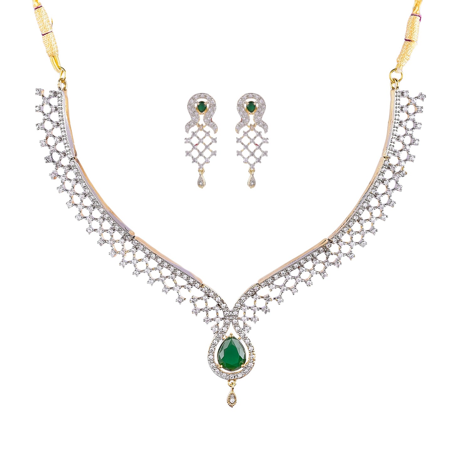Rhodium-Plated Alloy Green Classy Ad Necklace Set - The Pari - Swadesiicart