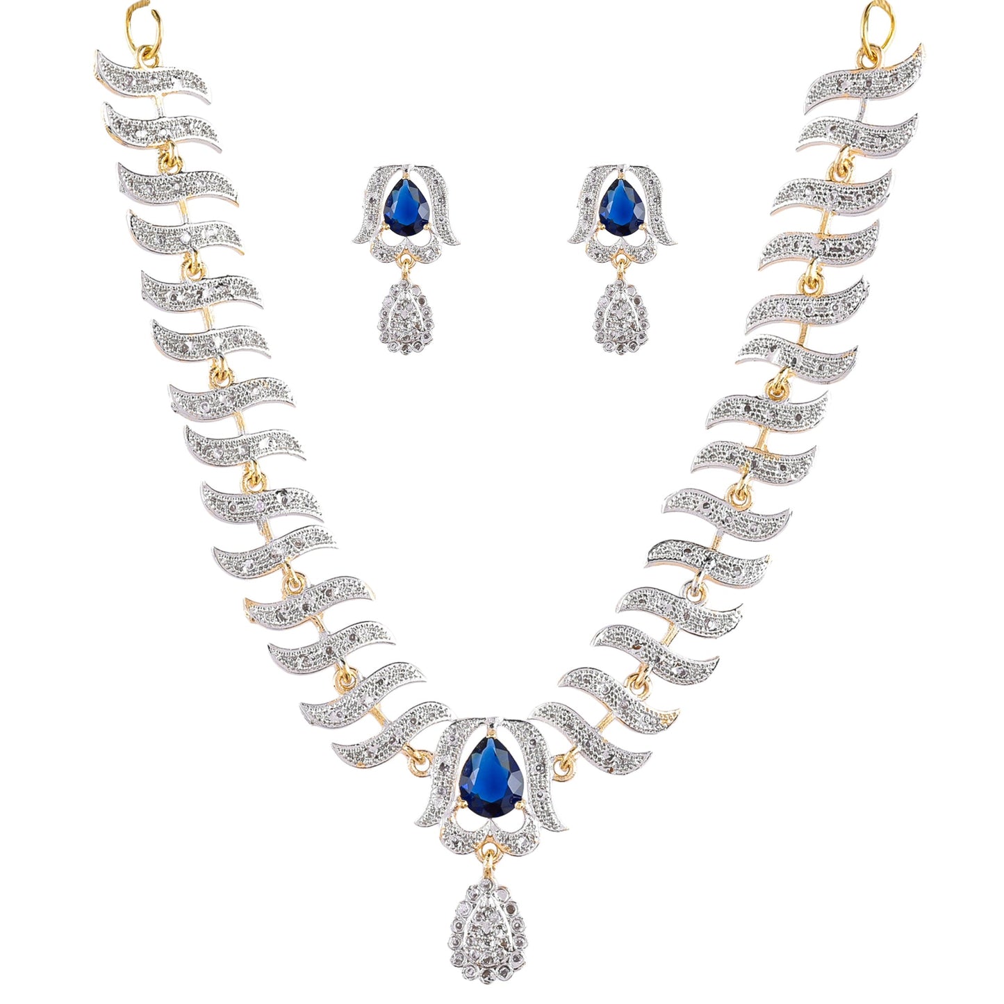 Rhodium-Plated Alloy Nagin Inspired Blue Stone Ad Necklace Set - The Pari - Swadesiicart
