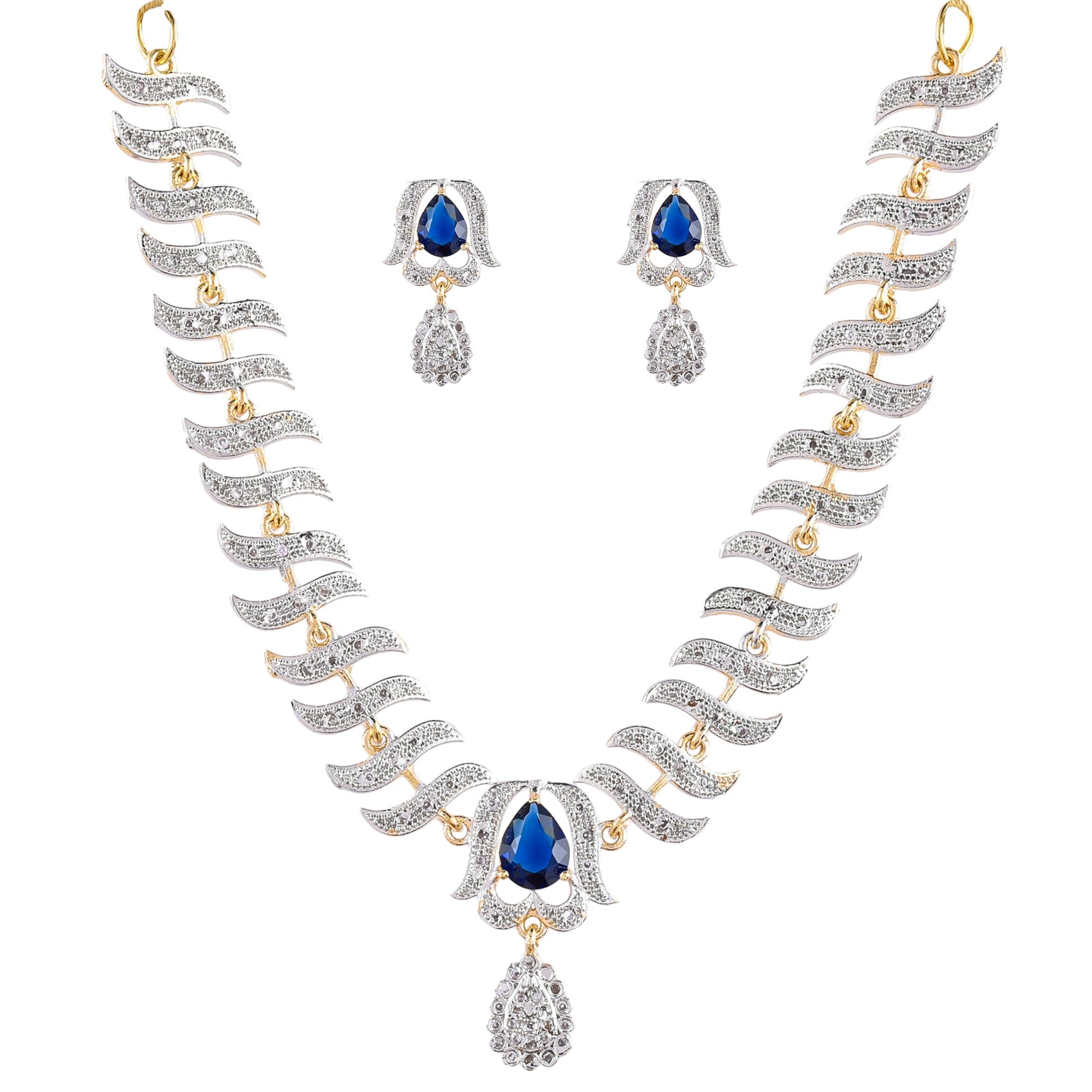 Rhodium-Plated Alloy Nagin Inspired Blue Stone Ad Necklace Set - The Pari - Swadesiicart