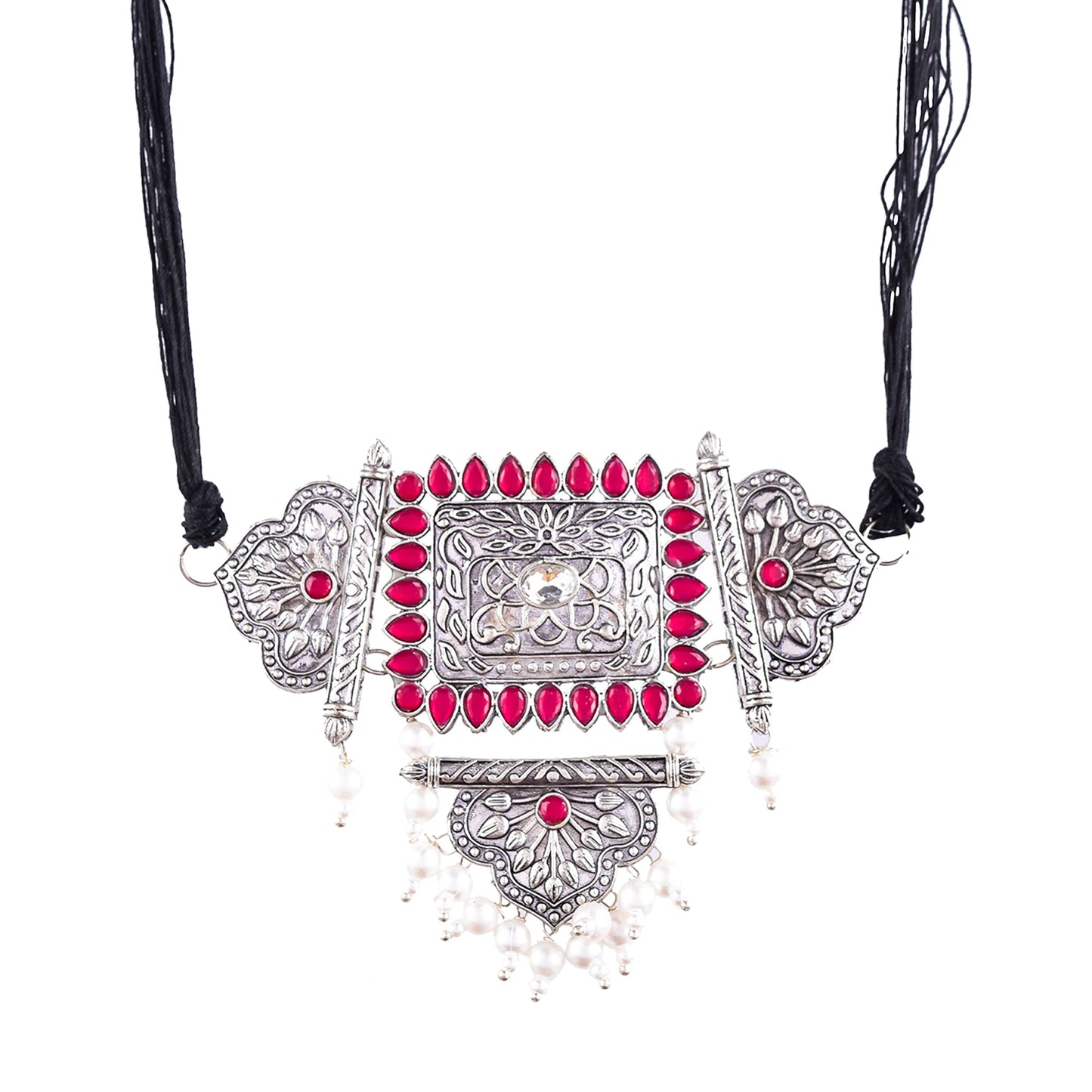 Silver-Plated Alloy Oxidised Tribal Pendant Choker Necklace - The Pari | Swadesiicart