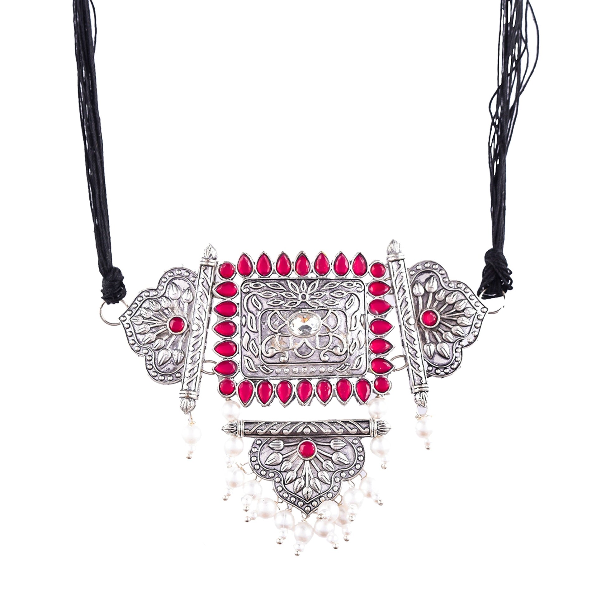 Silver-Plated Alloy Oxidised Tribal Pendant Choker Necklace - The Pari | Swadesiicart