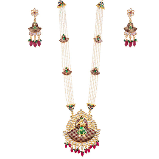 Gold-Polished Alloy Long Pearl Rani Haar With Designer Pendant - The Pari | Swadesiicart